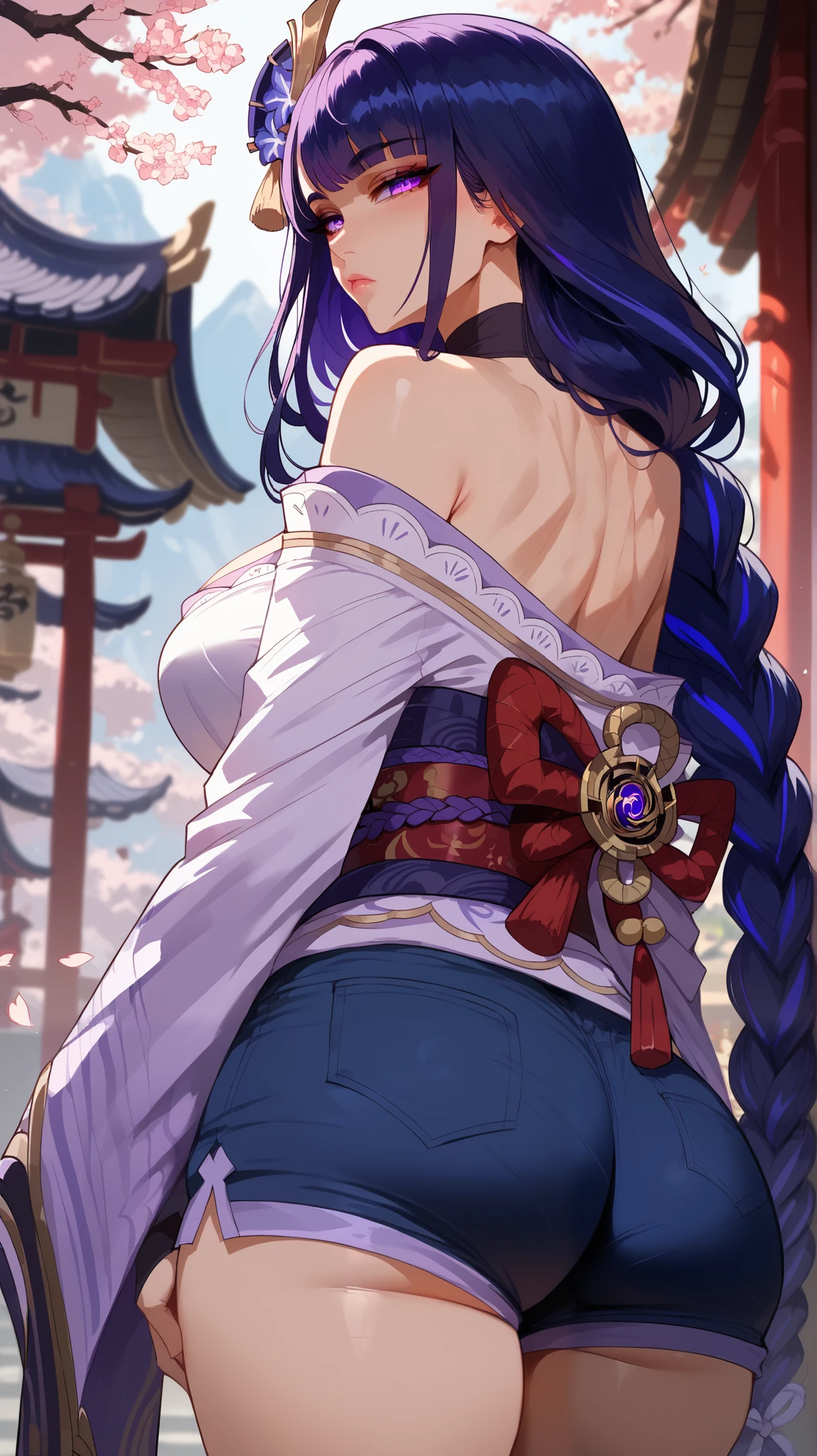 Shogun Raiden style, perfect eyes, perfectly sexy face, ultra detailed, ultra perfect eyes, big beautiful woman , rear view , dark blue shorts, Body, looking at the viewer ,