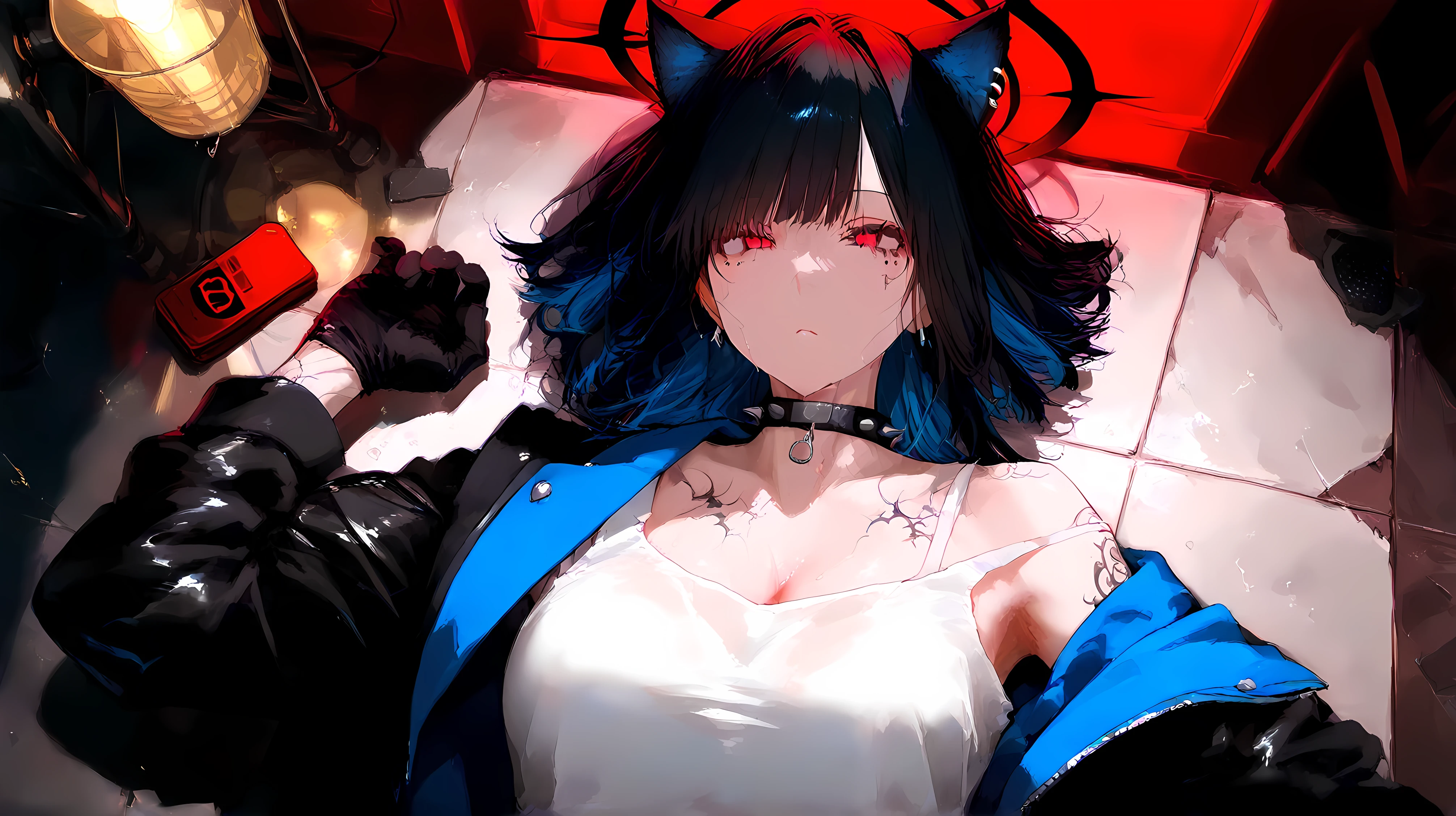 Anime style, cat ears, long sleek black hair with subtle neon highlights, red eyes with a lifeless, hollow gaze, female protagonist, punk fashion, full-body pose, lying motionless on the cracked floor of a dimly lit underground rock concert stage, arms limp and splayed outward, legs slightly bent as if collapsing naturally, head tilted to the side with an empty, emotionless expression, faint tear streaks visible on her cheeks, glowing wet skin reflecting dim stage lights, intricate tattoos covering one arm and partially extending across her collarbone and upper chest (featuring dark floral patterns, abstract geometric shapes, and fading words in Gothic script), spiked choker, detailed facial features, long smooth hair fanning out on the ground like a dark halo, tattered jacket with studs slipping off one shoulder, ripped gloves, metal piercings glinting faintly in the low light, dark eye makeup smudged and fading, dull crimson eyes void of life, stage lights casting faint red and blue hues, scattered amps, microphones, and broken equipment in the background, subtle fog and smoke lingering in the air, cracked floorboards with small puddles of water, low-saturation colors, cinematic shadows, rain dripping off strands of hair, soft reflections from the stage floor, high-quality textures, ultra-realistic skin detail, HDR refinement, emotionally impactful, dramatic lighting, vibrant yet desaturated tones, 4K resolution.