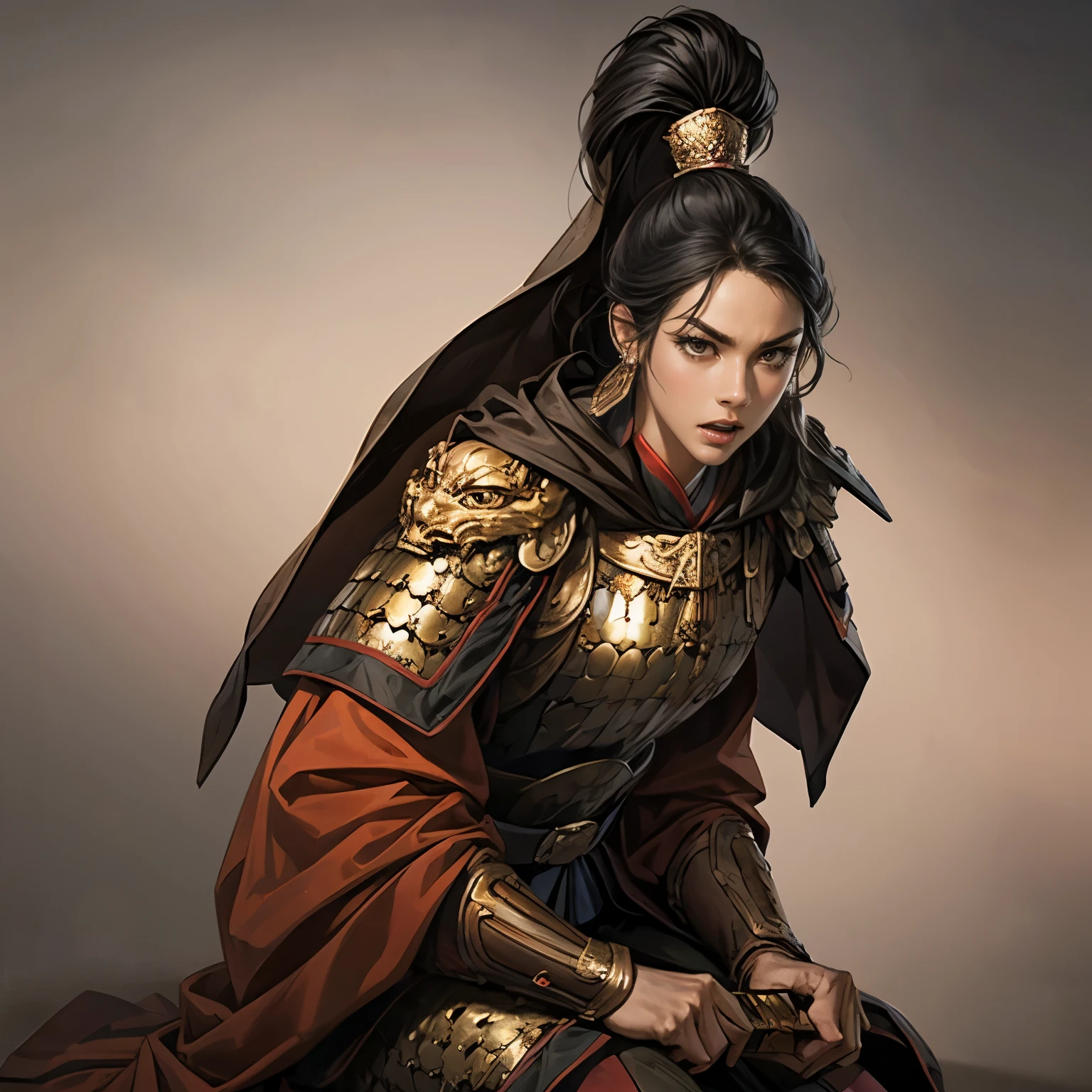 (( creating an image from head to thigh)), Three Kingdoms period painting , Women's solo , A beautiful woman , beautiful face , perfect hand , ( Black hair ), sexy expression , excited expression, Various facial expressions, various positions, standing position, sitting position , Dazzling backgrounds , blurry background , Beautiful armor, Chinese Armor , knife, flying cloak , woman holding armor and cape , person holding a weapon
