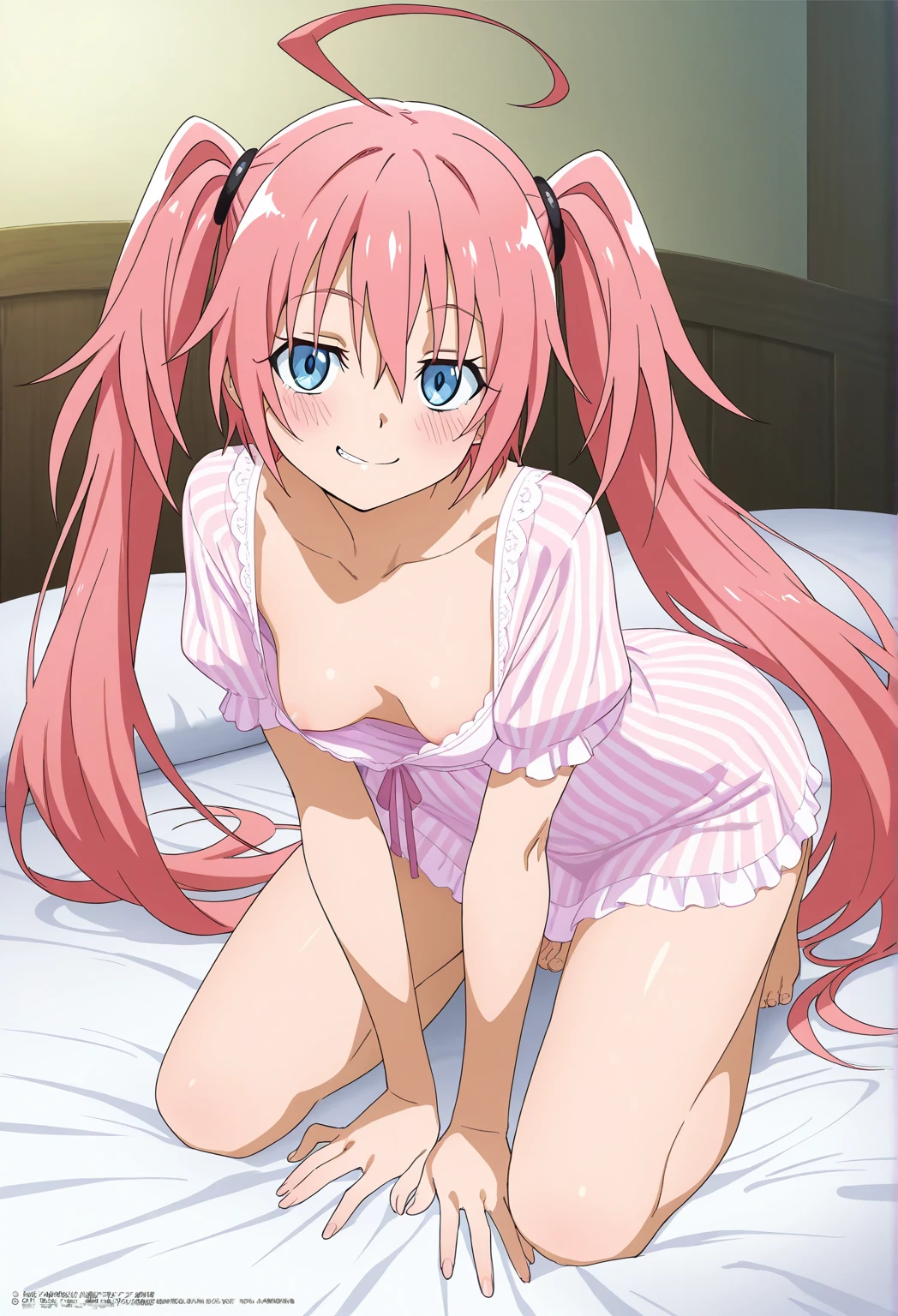 ((highest quality)), ((masterpiece)), (be familiar with), perfect face, indoor, Bedroom, looking at the viewer,
one woman, Hitori Goto,
open mouth, ecstatic expression, blush, smile,
small breasts, flat chest, young girl, , , girl,
long hair, pink hair, light blue eyes, long hair,
Completely naked, Nipple exposed, Sex with a man with a big cock, 膣内ejaculation, semen splashes, Insert a into your, sex in missionary position, , spread legs,