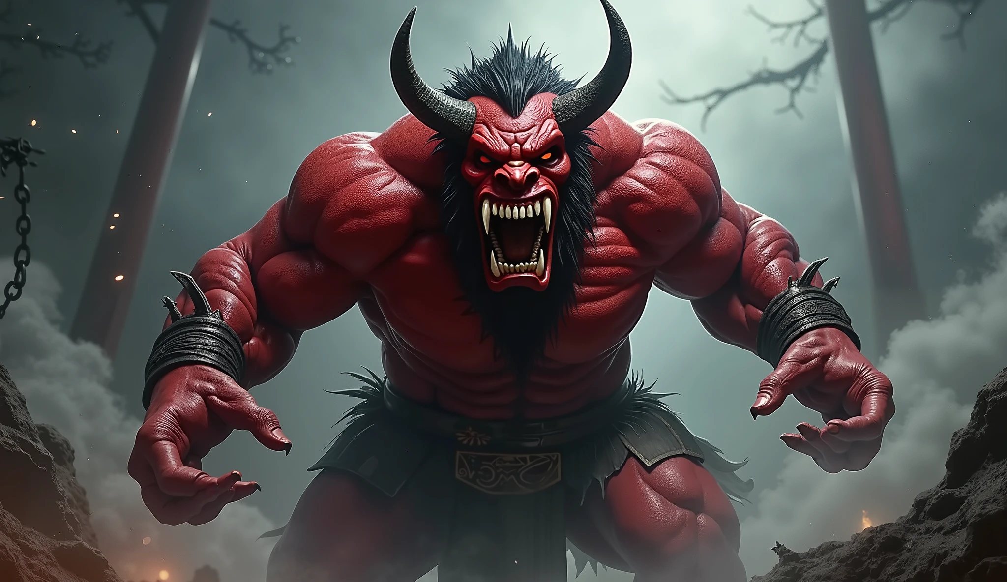 a goat headed demon with big horns, strong beefy upper body, blood body paints,  furs, ((claws, wings)),  demonic armor, blood splatters,  skulls on the floor, necromancer ritual , medieval,  dark room, dim light,
 masterpiece, realistic, oil painting
<lora:epiNoiseoffset_v2:1> <lora:aToZovyaRPGArtists_v2Art:0.5>