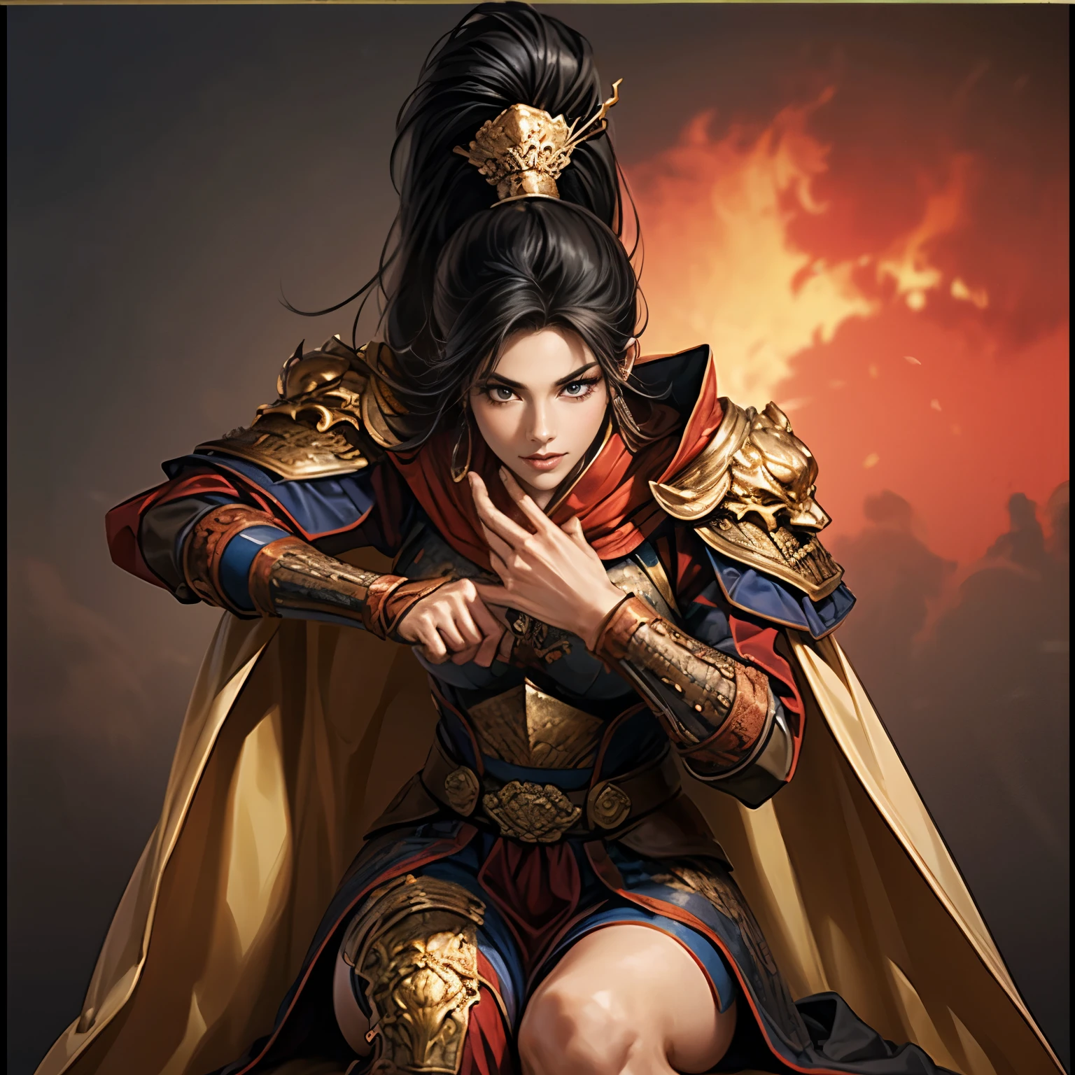 (( creating an image from head to thigh)), Three Kingdoms period painting , Women's solo , A beautiful woman , beautiful face , perfect hand , ( Black hair ), sexy expression , excited expression, Various facial expressions, various positions, standing position, sitting position , Dazzling backgrounds , blurry background , Beautiful armor, Chinese Armor , knife, flying cloak , woman holding armor and cape , person holding a weapon