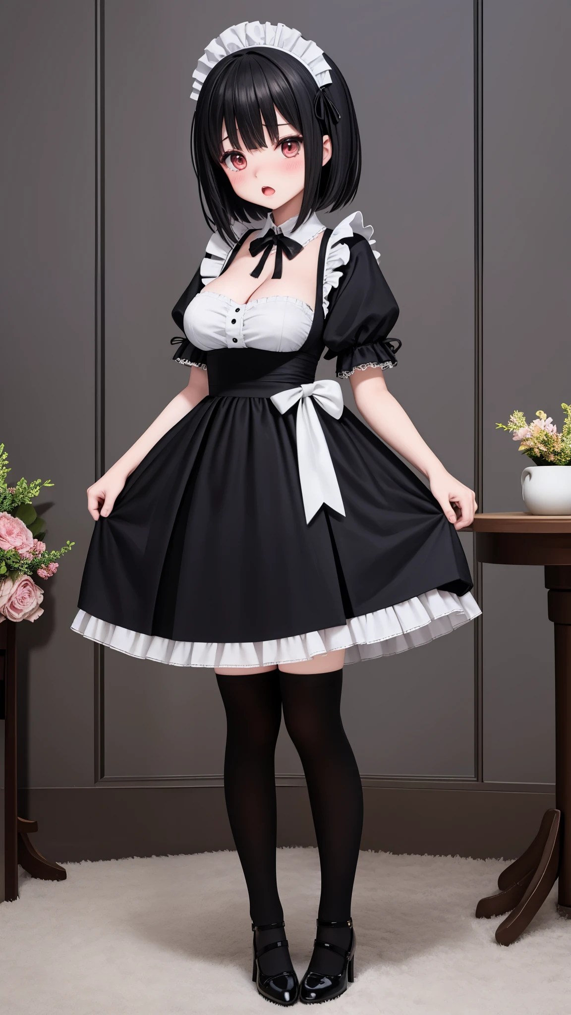 （true to life，Photorealistic 1.5）,((best qualtiy, 8K, tmasterpiece:1.3)), (二重まぶた，largeeyes:1.3),（The expression is pitiful 1.5），（Full body photo 1.5）（Aggrieved expression 1.5）Clear focus 1.2, Perfect body beauty:1.4 , Delicate skin1.1，（Pink hair 1.2），（Delicate facial features1.4），（Pure desire 1.3）(Little Lori 1.5)（JK skirt 1.2）black lence stockings，Maid dress-up，Cat ears in the middle of the stage