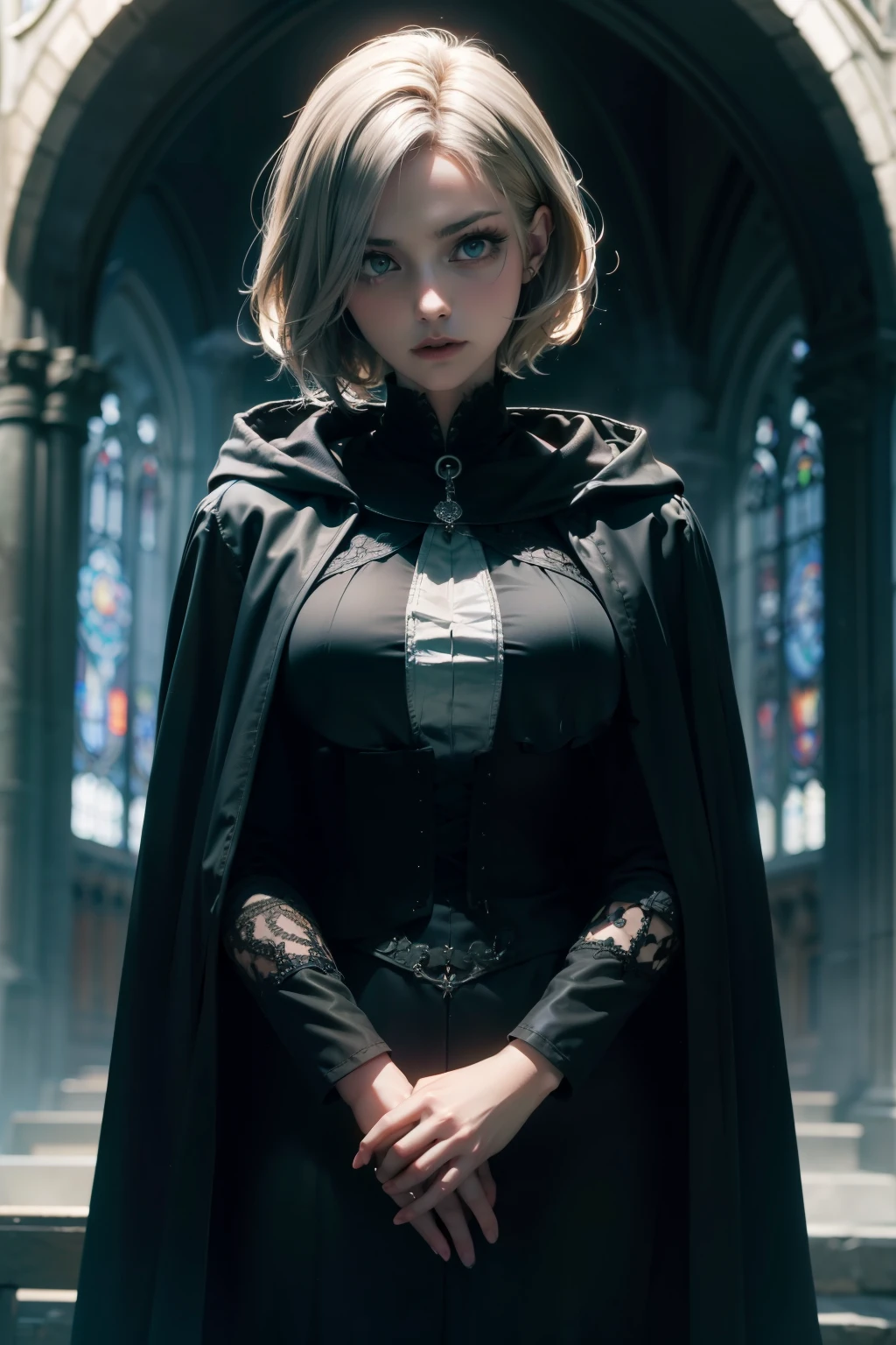 Female heresy interrogator. Her short blond hair is slightly visible under the hood, Sharp green eyes are characteristic . Silver embroidery is engraved on the black robe . observing her surroundings with sharp eyes . The background is a dark and foggy gothic church in front of a dark and foggy gothic style , Overall dark color tone