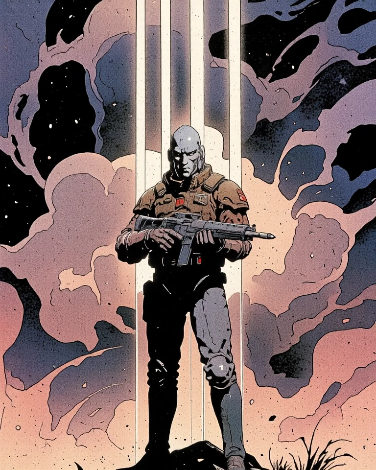 An officer stands on the stairs of the spaceship, bent over, spitting blood from his mouth, black and white caricature, otherworld background --auto --s2