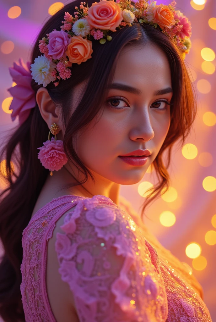 cute brunette girl, cinnamon skin, wavy hair, iridescent lacey gown, colorful magnolia flower motif, highly detailed, hyperrealistic, cinematic lighting, vibrant colors, dramatic composition, ethereal, elegant, magical realism, with her long wavy peach hair cascading down her back. Her eyes hold an alluring gaze, and her lips are parted as if she's about to whisper a secret