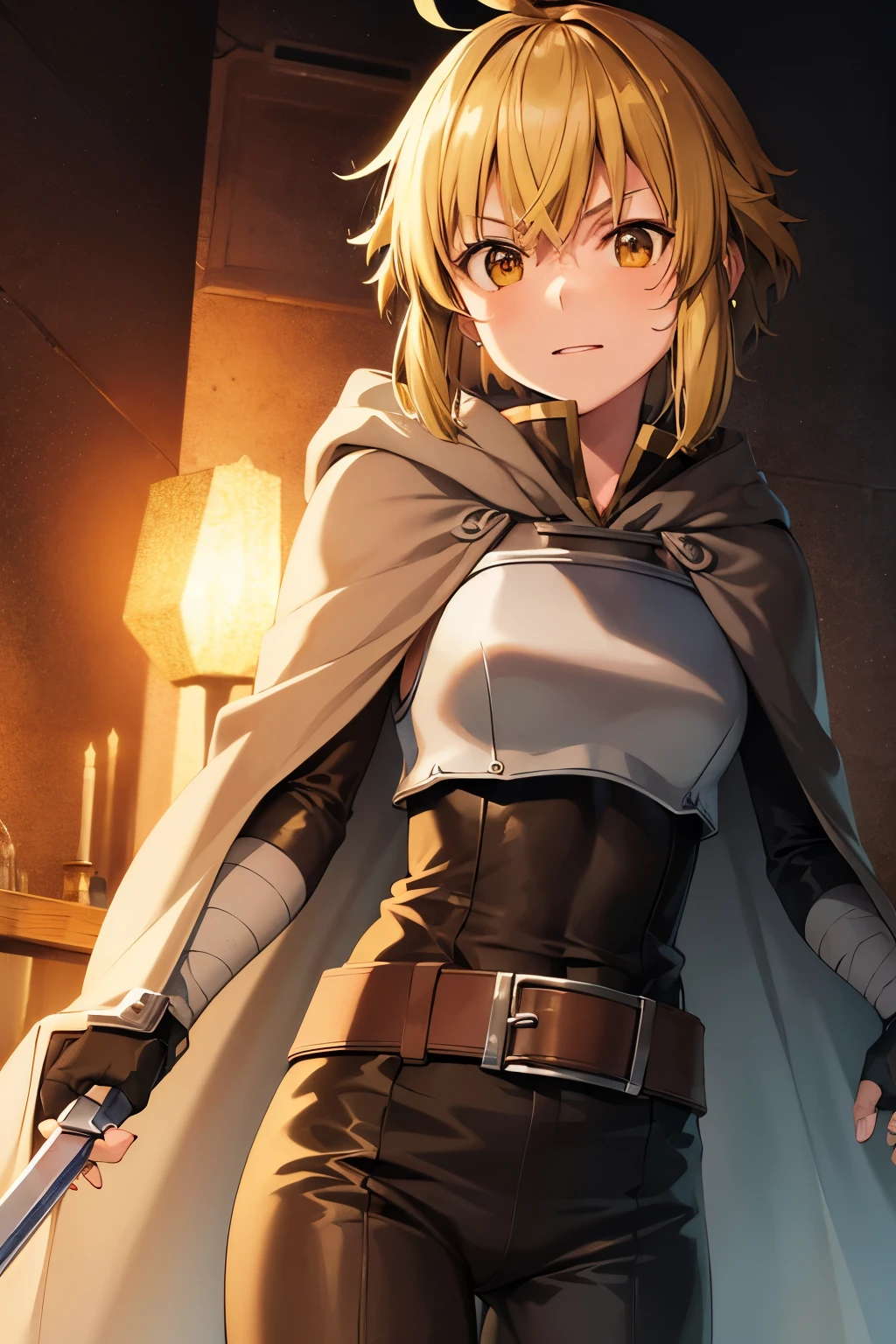 Argo ,Argo the rat, Short hair, Orange eyes, highly contrast, Showcase high-quality artwork。 (extremely detailed eye)with the(very detail hair)。1girl, argo the rat, cape, adventurer outfit, claws, boss room, highres, absurdres, bodysuit, bodysuit, bodysuit under clothes, sleeveless, taimanin suit, cute,