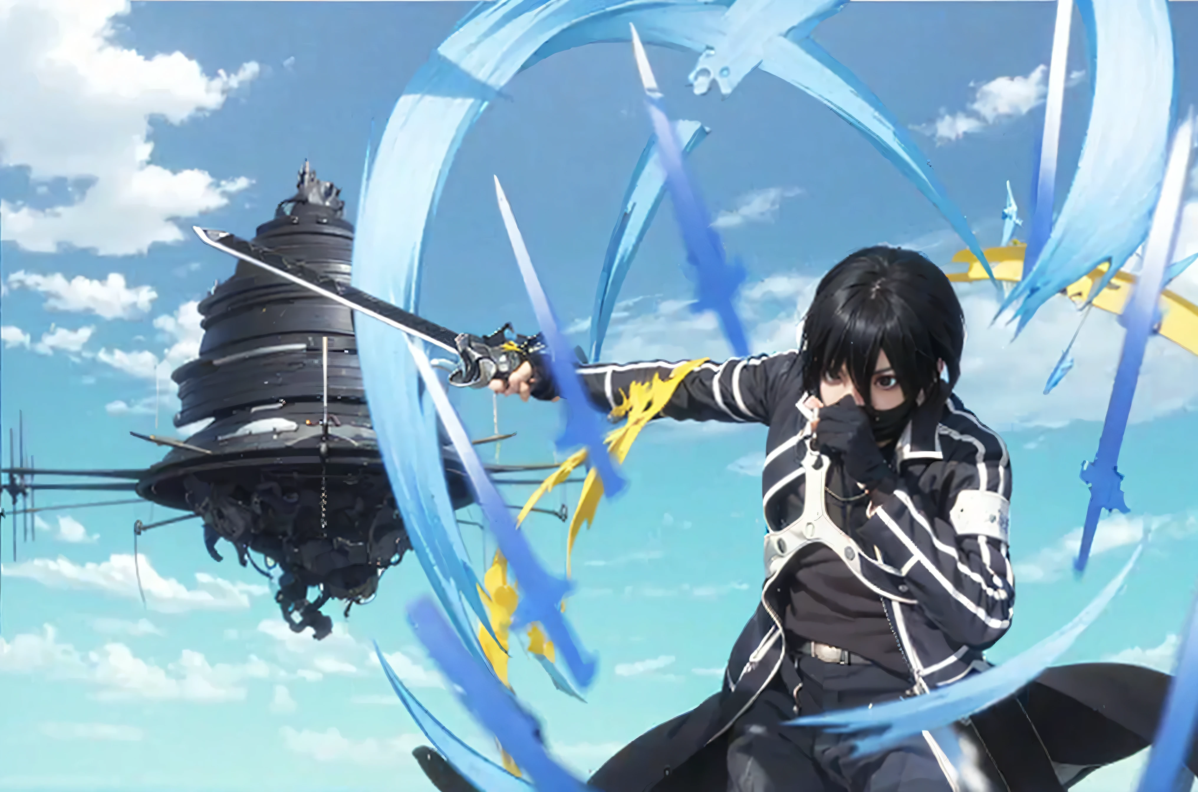 ((KIRIGAYA KAZUTO_SWORD ART ONLINE),((realistic, photorealistic)),(highlight hair)), Light reflection, (( HD )),((upper body)), (((best quality, masterpiece))), (masterpiece) (best quality) (detail) (8k) (HDR) (wallpaper) (cinematic lighting) (sharp focuasterpiece, best quality: 1.1), Real life adaption of this character, Shining Purple eyes, realistic outfit, realistic shadow, realistic light, realism, hyper realistic, realistic background,(photorealistic:1.2), (Masterpiece:1.4), (best quality:1.2), kirigayakazuto, kirigaya kazuto, black hair, (black eyes:1.5), male focus,
BREAK shirt, black shirt, coat, black coat, pants, black pants,
BREAK outdoors, nature, forest, sun, sky,
BREAK , (cowboy shot:1.5),
BREAK (masterpiece:1.2), best quality, high resolution, unity 8k wallpaper, (illustration:0.8), (beautiful detailed eyes:1.6), extremely detailed face, perfect lighting, extremely detailed CG, (perfect hands, perfect anatomy),score_9, score_8_up, score_7_up, source_anime, semi-realistic,, upper body, , 1boy, solo, male focus, kazuto_kirigaya, black hair, black eyes, hair between eyes, short hair, , sword art online: alicization, , , Arms extended wide, expressing openness,Cloaks flow, swords slash,