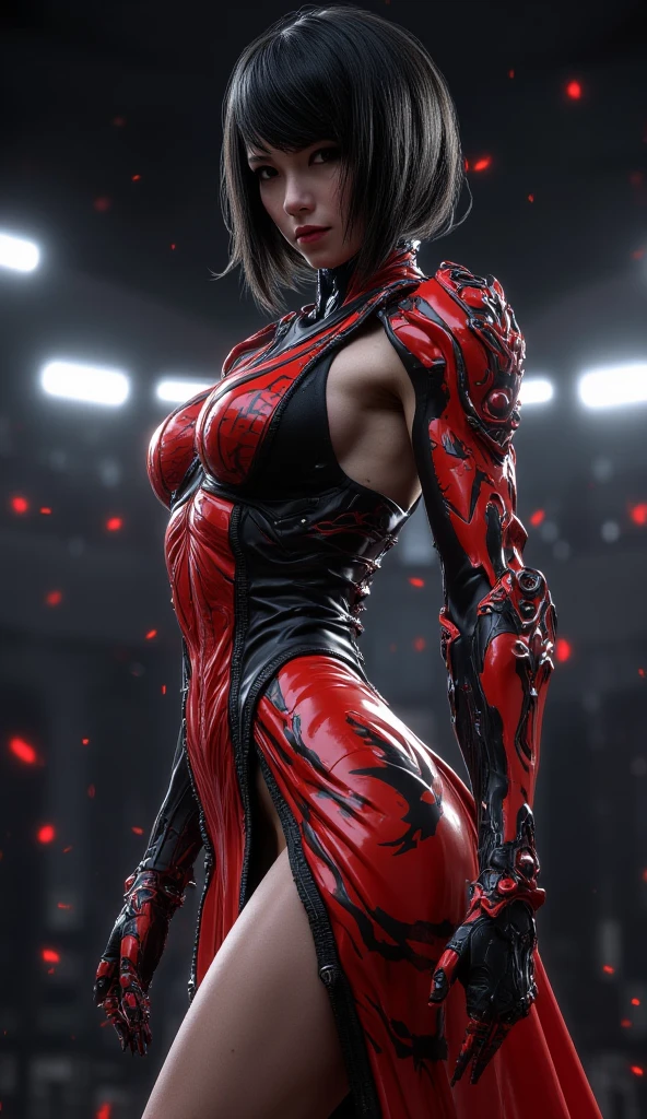 (masterpiece, best quality), intricate detail, 1girl, solo, sasharosev3  dressed in sexy mortal combat suit, lookin at viewer, from front, cinematic, (mortal combat background), volumetric lighting, (upper body), red background, (standing:1.3)