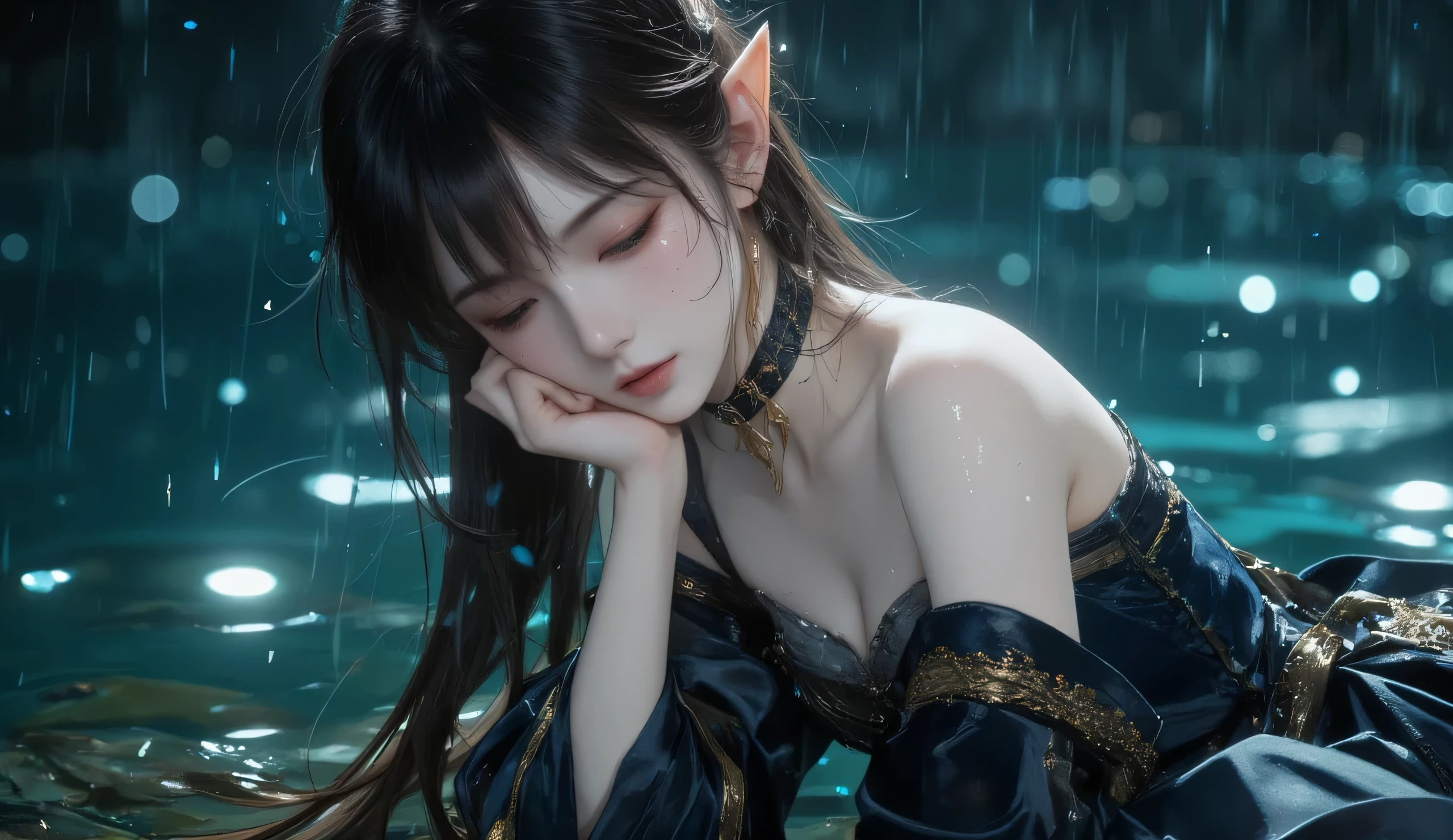 Young, beautiful, and wistful female elf with delicate facial features, serene expression, and closed eyes.  Long, flowing, dark brown hair cascades around her shoulders.  Elven ears are prominent, and she wears intricate, ornate, dark-blue, velvet-like bodice with golden metallic accents; a detailed, decorative collar.  She displays a gentle, melancholic mood, seemingly lost in thought, perhaps contemplative.  Her pose is soft and slightly leaning, with her gaze directed downwards.  The backdrop is a dark, rainy night, featuring a shimmering, out-of-focus body of water in shades of deep teal, cerulean, and midnight blue.  Rain streaks and scattered, glowing, blue particles delicately fall through the image.  An atmospheric, soft lighting emphasizes her delicate features and the mood of the scene. Detailed facial features and textures are present. Realistic, yet stylized, fantasy aesthetic.  Digital painting style, evocative of anime and manga influences.  Soft focus and selective focus techniques enhance the beauty and serenity.  Elegant, graceful composition, showcasing a soft-light perspective.