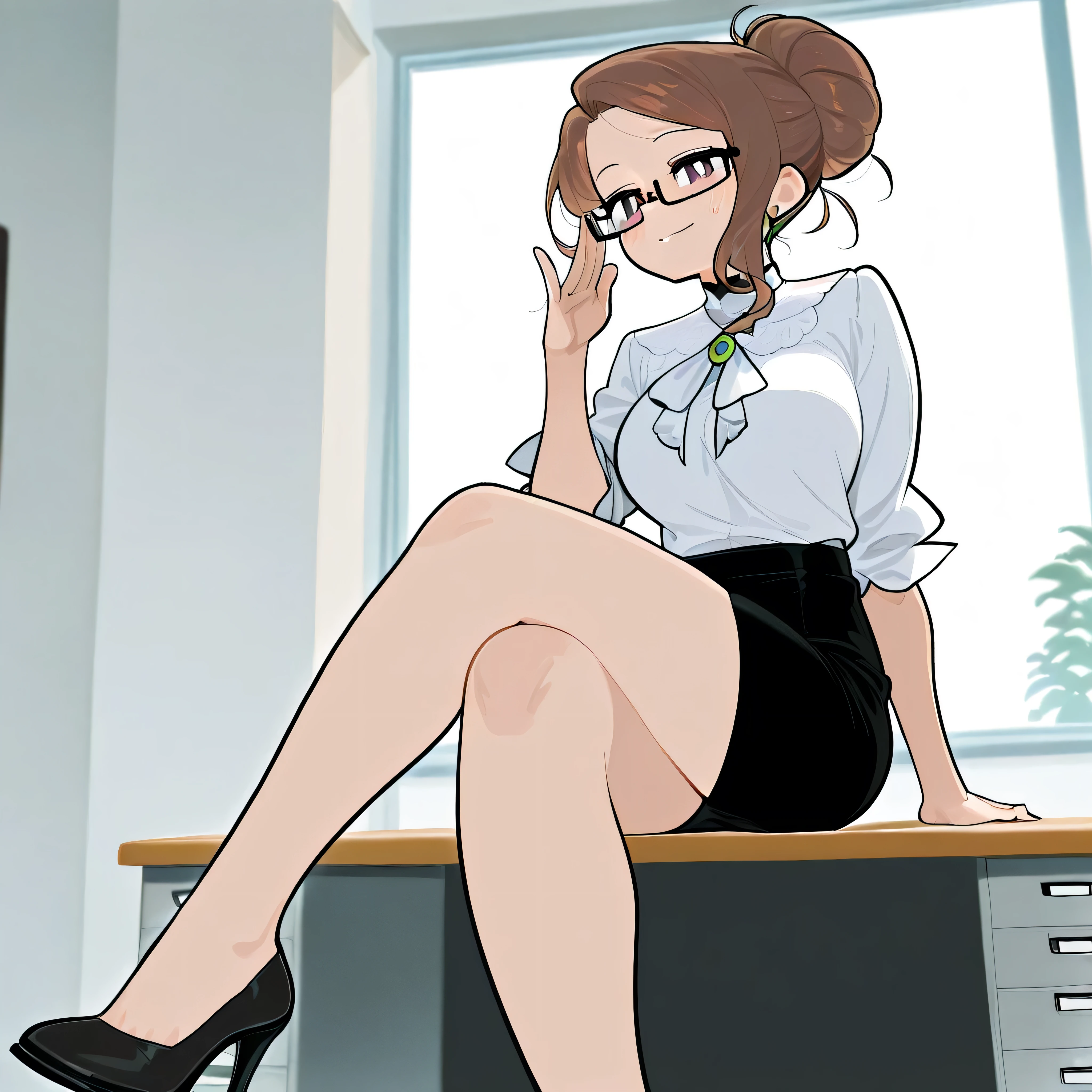"An anime-style depiction of an attractive secretary with a sultry yet professional demeanor. She has slightly wavy dark brown hair pulled into a loose bun and is wearing rectangular glasses. She is dressed in a fitted white blouse, a pencil skirt, and high heels. She is holding a clipboard with one arm and gracefully pushing up her glasses with her other hand. The setting is an office environment, with a desk and filing cabinets in the background. The character's pose is confident and elegant, with a subtle, alluring expression."