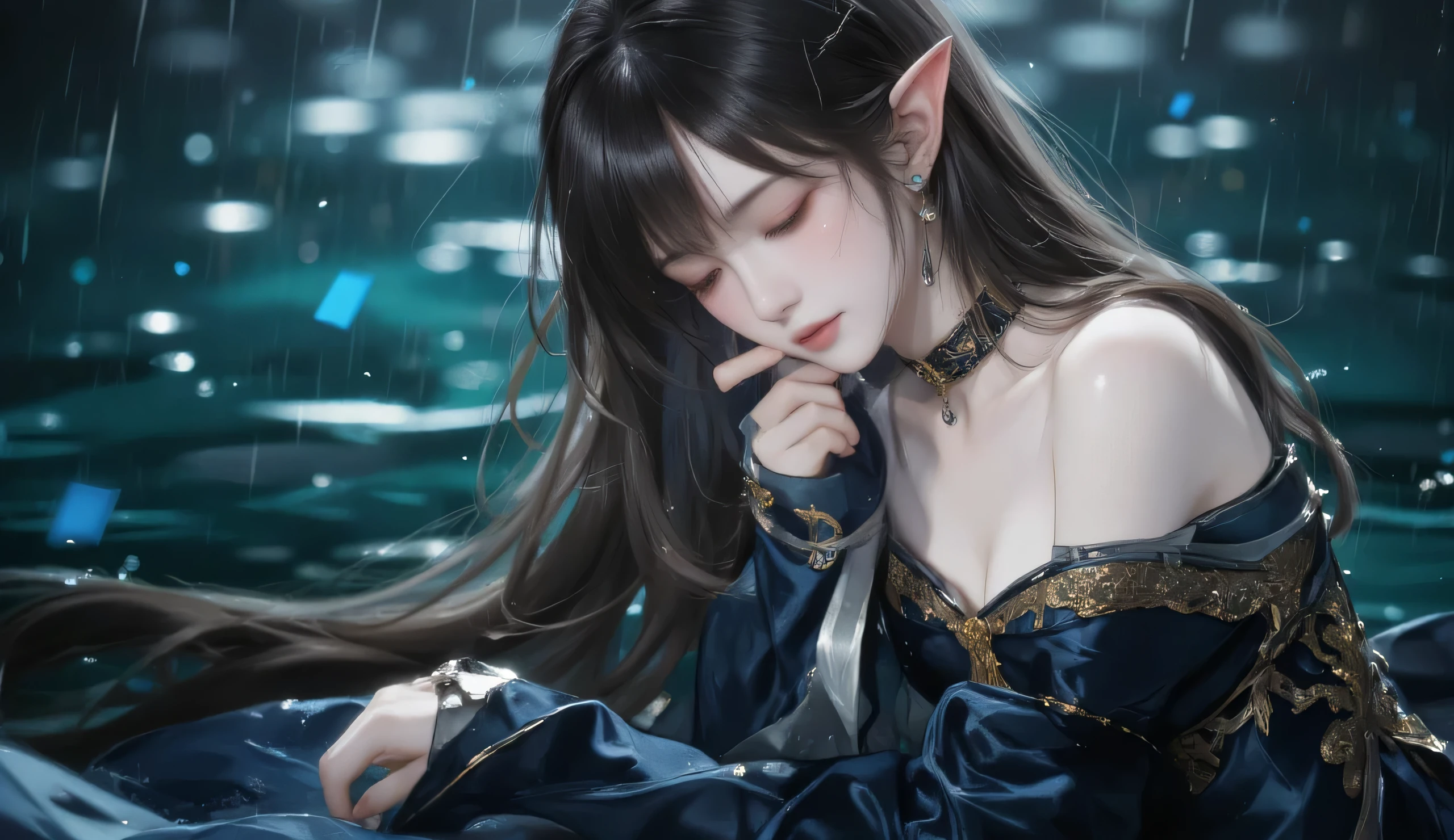 Young, beautiful, and wistful female elf with delicate facial features, serene expression, and closed eyes. Long, flowing, dark brown hair cascades around her shoulders. Elven ears are prominent, and she wears intricate, ornate, dark-blue, velvet-like bodice with golden metallic accents; a detailed, decorative collar. She displays a gentle, melancholic mood, seemingly lost in thought, perhaps contemplative. Her pose is soft and slightly leaning, with her gaze directed downwards. The backdrop is a dark, rainy night, featuring a shimmering, out-of-focus body of water in shades of deep teal, cerulean, and midnight blue. Rain streaks and scattered, glowing, blue particles delicately fall through the image. An atmospheric, soft lighting emphasizes her delicate features and the mood of the scene. Detailed facial features and textures are present. Realistic, yet stylized, fantasy aesthetic. Digital painting style, evocative of anime and manga influences. Soft focus and selective focus techniques enhance the beauty and serenity. Elegant, graceful composition, showcasing a soft-light perspective.