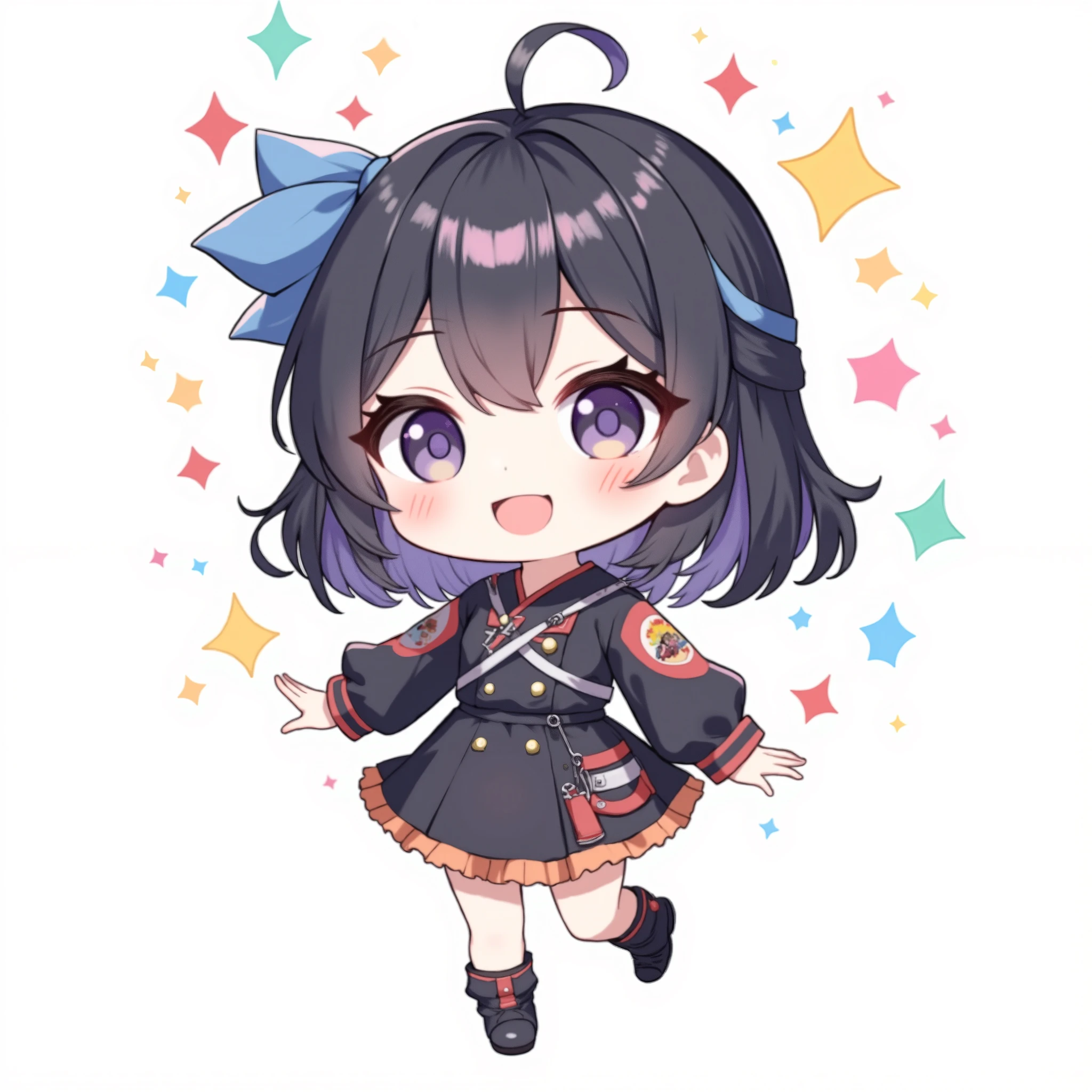 ( chibi:1.4), chibi character, chibi style, toe, (cwhite background:1.4),full body,masterpiece, high quality, 4K, HDR,, A girl with frills, anime style, Ninja、 with a cheerful smile、 open your mouth wide、 simple background、Japanese style、 black hair, Small hands