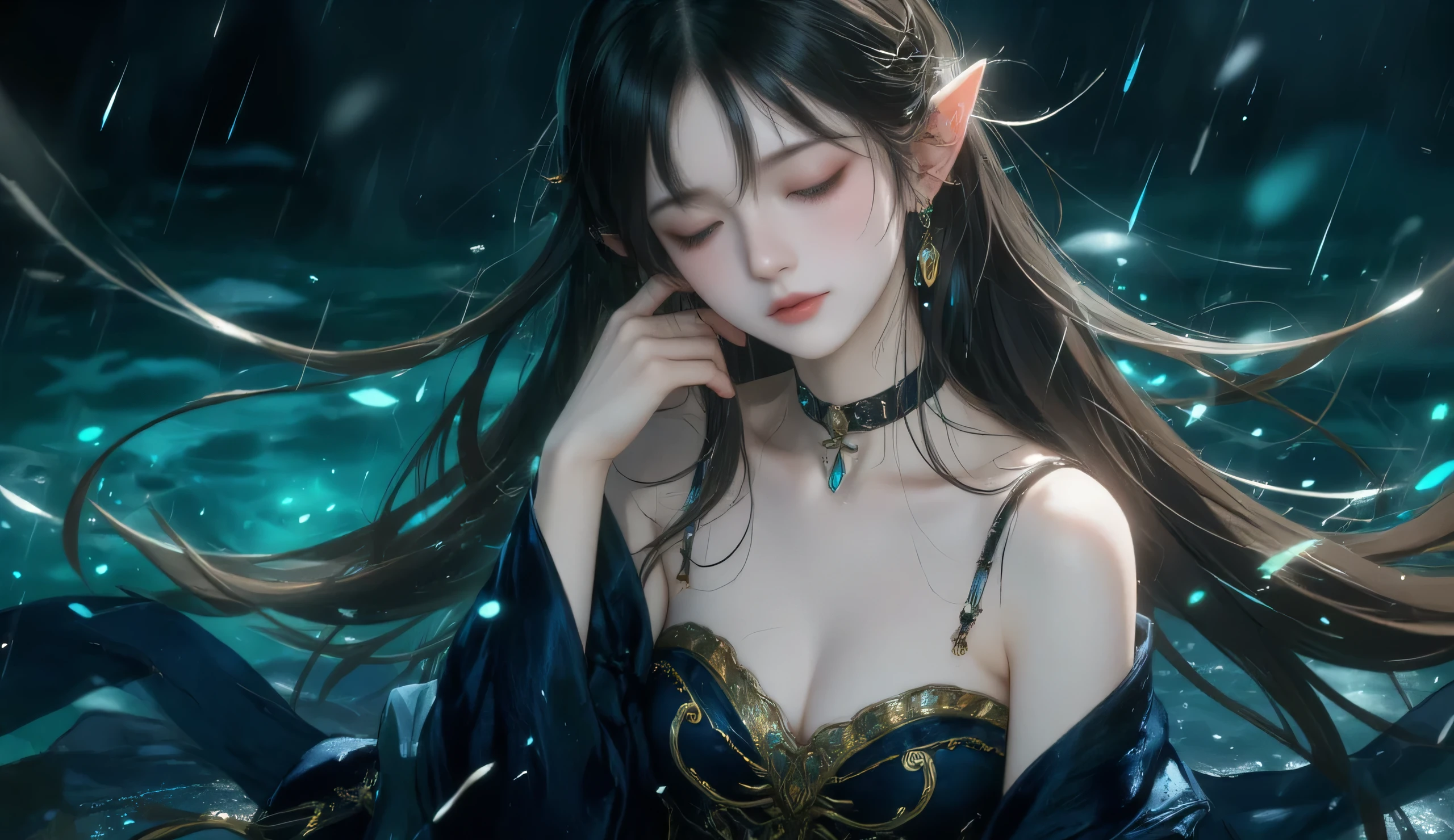 Young, beautiful, and wistful female elf with delicate facial features, serene expression, and closed eyes. Long, flowing, dark brown hair cascades around her shoulders. Elven ears are prominent, and she wears intricate, ornate, dark-blue, velvet-like bodice with golden metallic accents; a detailed, decorative collar. She displays a gentle, melancholic mood, seemingly lost in thought, perhaps contemplative. Her pose is soft and slightly leaning, with her gaze directed downwards. The backdrop is a dark, rainy night, featuring a shimmering, out-of-focus body of water in shades of deep teal, cerulean, and midnight blue. Rain streaks and scattered, glowing, blue particles delicately fall through the image. An atmospheric, soft lighting emphasizes her delicate features and the mood of the scene. Detailed facial features and textures are present. Realistic, yet stylized, fantasy aesthetic. Digital painting style, evocative of anime and manga influences. Soft focus and selective focus techniques enhance the beauty and serenity. Elegant, graceful composition, showcasing a soft-light perspective.