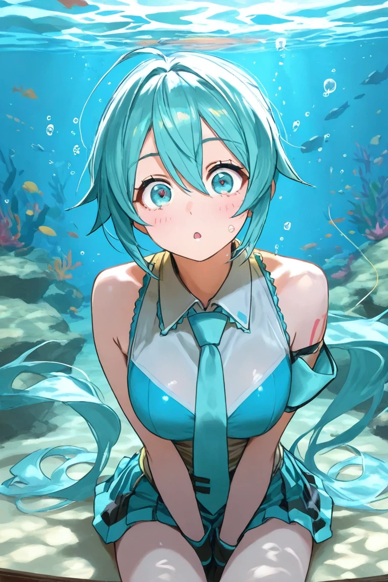 Anime girl with blue hair and blue eyes underwater, bolha de ar, sozinho, Olhando para o Viewer, swimming, luz solar fraca, bare breasts, (: 1.5), bonito, Standing, cara bonito, sexy, Comprimento total, magic fire, sbikini, Embarrassment, menina, boa anatomia, arte de anime, menina adulthout a bra, BESTR Lighting, seios nus