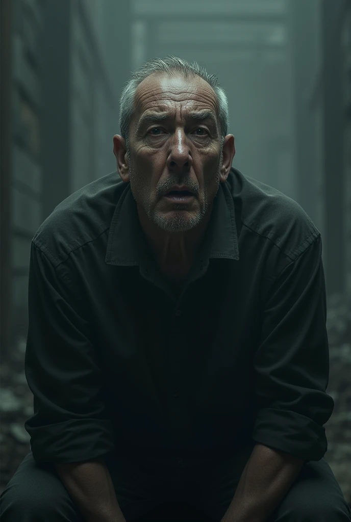Crippy man
in abanded room with black slate