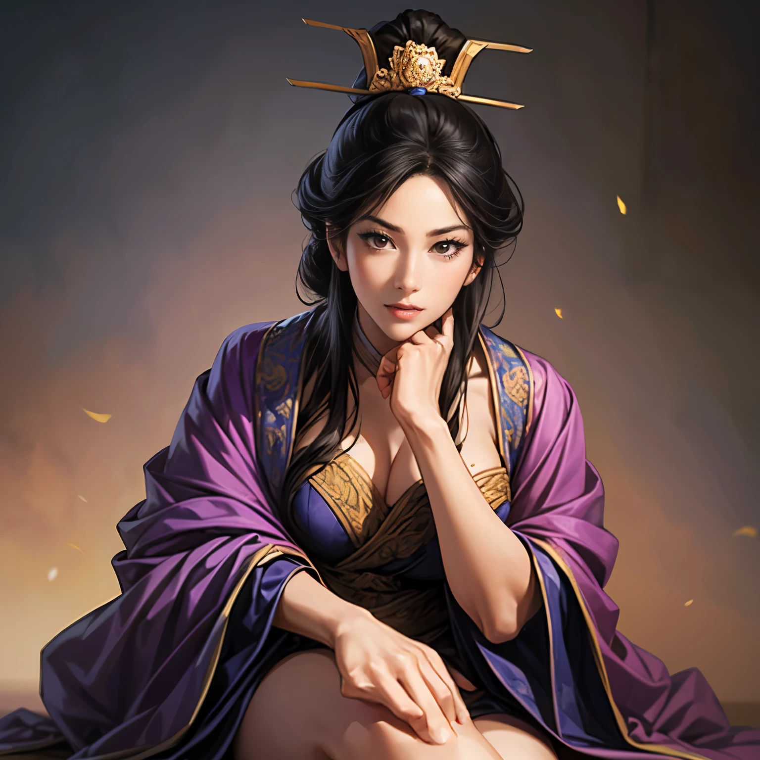 (( from head to thigh)), Three Kingdoms period painting , Women's solo , A beautiful woman , beautiful face, perfect hand , ( black hair ), sexy expression , keep your eyes straight , excited expression, Various facial expressions, various positions, standing position, sitting position , Dazzling backgrounds , blurry background