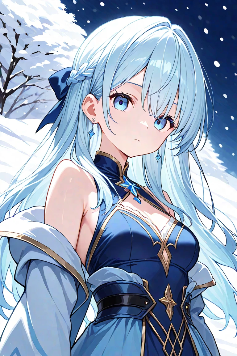 Long pure white hair，Blue and white kimono，Bare chest and shoulders，Glacier and lake and snowflake background，Bigchest