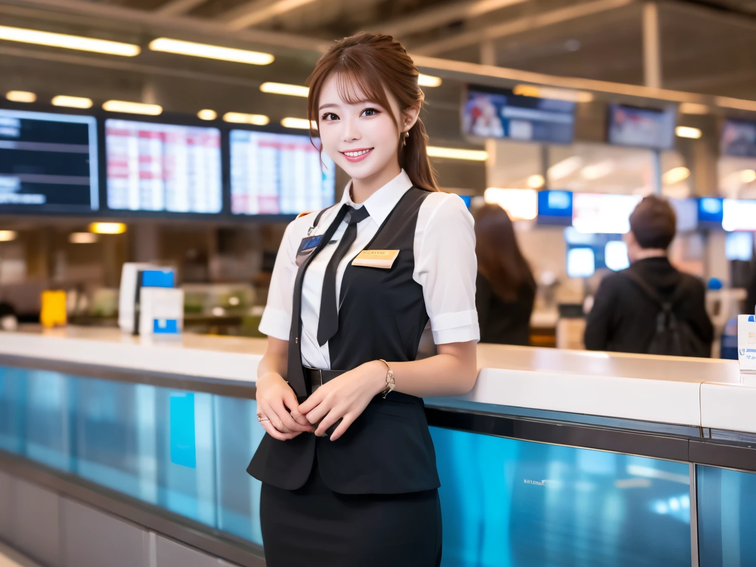 25-year-old woman working at the airport reception. Airline uniform , smile, kind, educated, full hd,8k