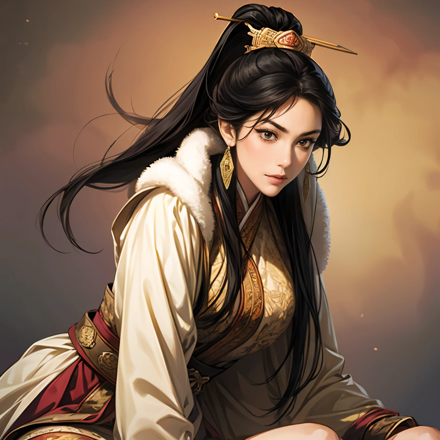 (( from head to thigh)), Three Kingdoms period painting , Women's solo , A beautiful woman , beautiful face, perfect hand , ( black hair ), sexy expression , keep your eyes straight , excited expression, Various facial expressions, various positions, standing position, sitting position , Dazzling backgrounds , blurry background