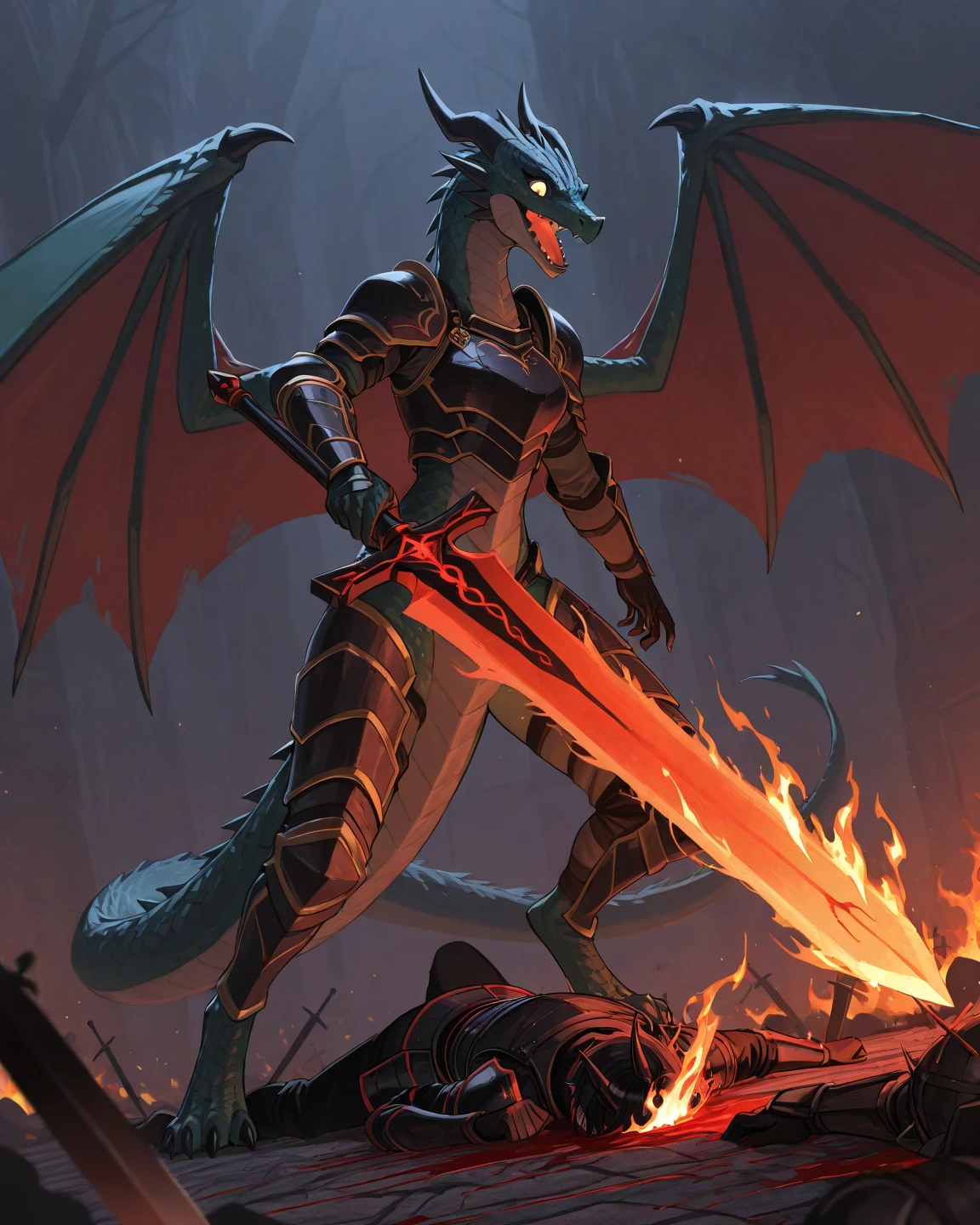 female, black kobold, short, small breasts, thin body, light half armor, holding spear, fighting monsters, burning field, dusk