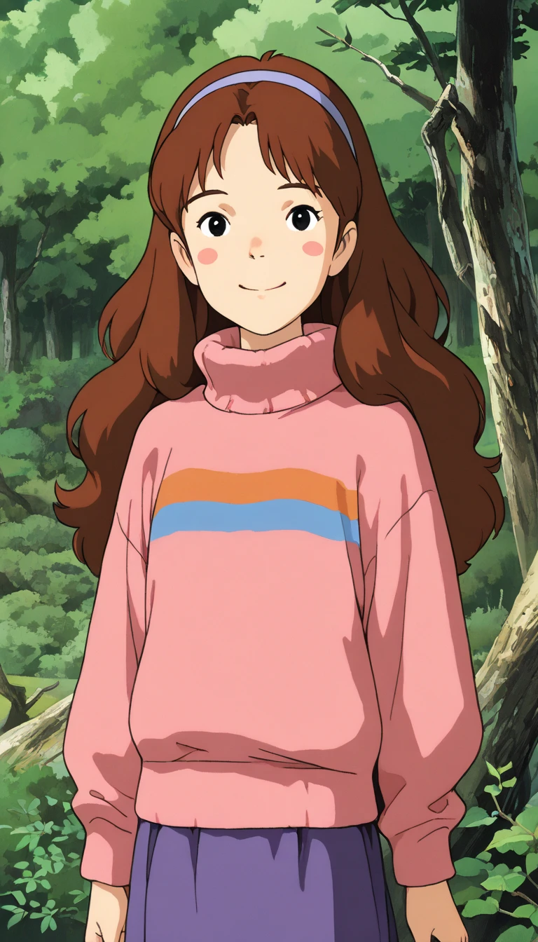 (1girl, solo, petite , Mabel), (extremely detailed CG unit 8k wallpaper),(master part), (best quality), (ultra detail), (best illustration),(ghibli_style), cowboy shot, standing, facing viewer, looking at viewer, perfect face, perfect eyes, perfect fingers, (Sharp eyeliner, ombre, detailed eyes:1), traditional media, ghibli landscapes, scenery, outdoors, woods, tree, branch, break , upper body, solo, smile, (hairband,black eyes,long hair,brown hair,blush stickers,pink sweater,turtleneck,long sleeves,purple skirt)