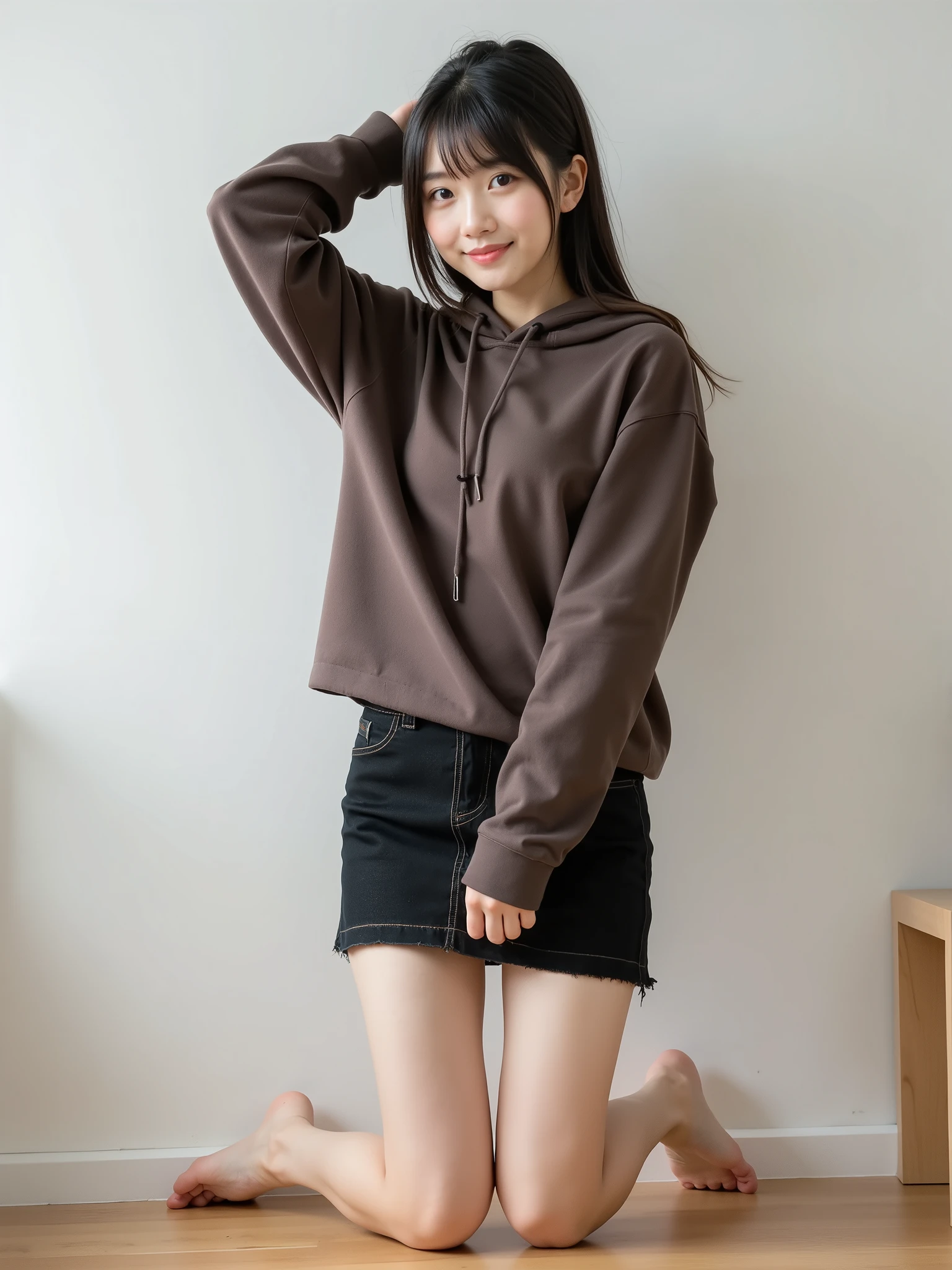 portrait photo ,masterpiece, nsfw,8k, full body shot ,
( 1 girl, Japanese Diminative Standard Petite Fresh Body ),((Head to body ratio 1 :5.5:1.2)), (Hip to shoulder ratio 1.2:1),( small breasts, narrow shoulder,Wide pelvis, tiny ass, short thick curvy thighs ), Sensual Poses, standing on the floor and opening legs 、 arm up, barefoot, focuses on thighs ,
(yo Japanese girl, 152_Height cm , Pale Skin)
black hair, (( Two-tone highlight hair , streak hair in honey brown )), short straight ponytail with bangs ,(Young Face, Round face, droopy eyes , hazel eyes, Affectionate ), wearing a long sleeve tight cotton hoodie , Sleeves are black ,Body color is brown ,Black denim mini skirt,85mm, Official AR RAW photos ,( exist, Ultra Detailed), best quality,Chromatic aberration anatomically accurate , Textured Skin