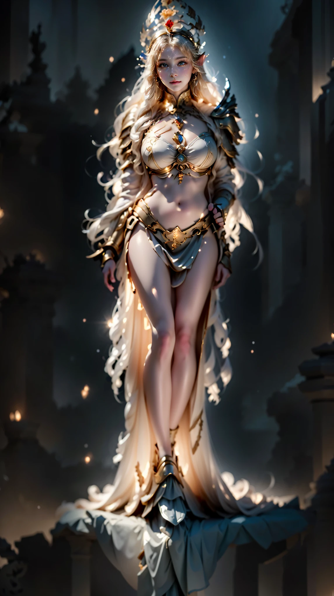 A blonde beauty , head to the side , woman wearing a white dress, There are delicate metal details on the skirt ,Metal headdress , The quality of the clothing fabric material is high , Tall jewelry hanging around her neck , Low Saturation features a woman in a white dress holding a red rose, beautiful and elegant elven queen, (( a beautiful fantasy Empress)), a beautiful fantasy Empress, xianxia full body , beautiful full body concept art , anime goddess, Kushatt Krenz Key Art Women, artgerm on artstation pixiv , Beautiful and elegant female elf , blonde elf empress, UNREAL ENGINE5 , cinematic lighting ,particle, realistic PVC textures ,, cinematographic photograph , Apply vertically all over her body ,poster for , light smile , beaded necklace , Bokeh effect ,Verismo, cinematic lighting , Ray Tracing,reflective light, Shading pen, Anatomically correct , Textured Skin,super detailed,highly detailed, High quality cutlery, masterpiece,retinas,Necessary, Prizes received , best quality angle,, a high-resolution navel diamond 。 exaggerated shape and divine beauty .", body proportions, (Chapped lips:1.4), (blush de nariz:1.2), foreshortening, black cuts, (eye contact), High contrast, ultra high resolution, high resolution, detailed, Clean face, ( Sexy face:1.5), (Big purple eyes:1.2), ( ultra detailed eyes :1.4), ( high resolution eyes:1.1), ( ultra detailed skin texture :1.4), PERSEPHONE, Persephone, Persephone, (SFW:1.5), (full body:1.8), (upper body up:0.3), (hyper realistic:1.4), (realistic:1.3), (best quality real texture skin), Detailed eyes, detailed face, Detailed eyes, detailed face, PERSEPHONE, ((high resolution)), ((pale skin)), ((very pale skin)), muscular body , Cinderella, wearing a ball dress (revealing their breast and their pubes), in the Prince's ballroom, during a noble ball, super big hips, (HUGE BREASTS:1.5), (HUGE LEGS:1.5), (HUGE THIGHS:1.5), Perfect Legs, Perfect Legs, pernas added, pernas added e perfeitas, belle