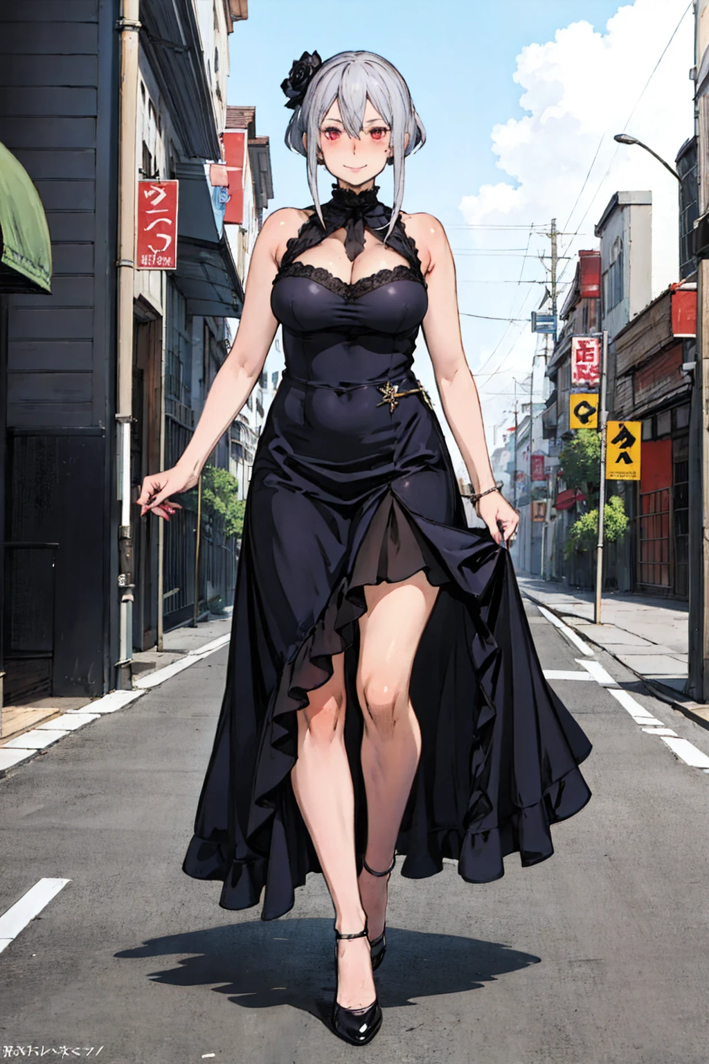 full body, solo, alone, delicate facial features, medium tits, medium hair, black hair, tearful mole, earring, dress, cleavage, street,
