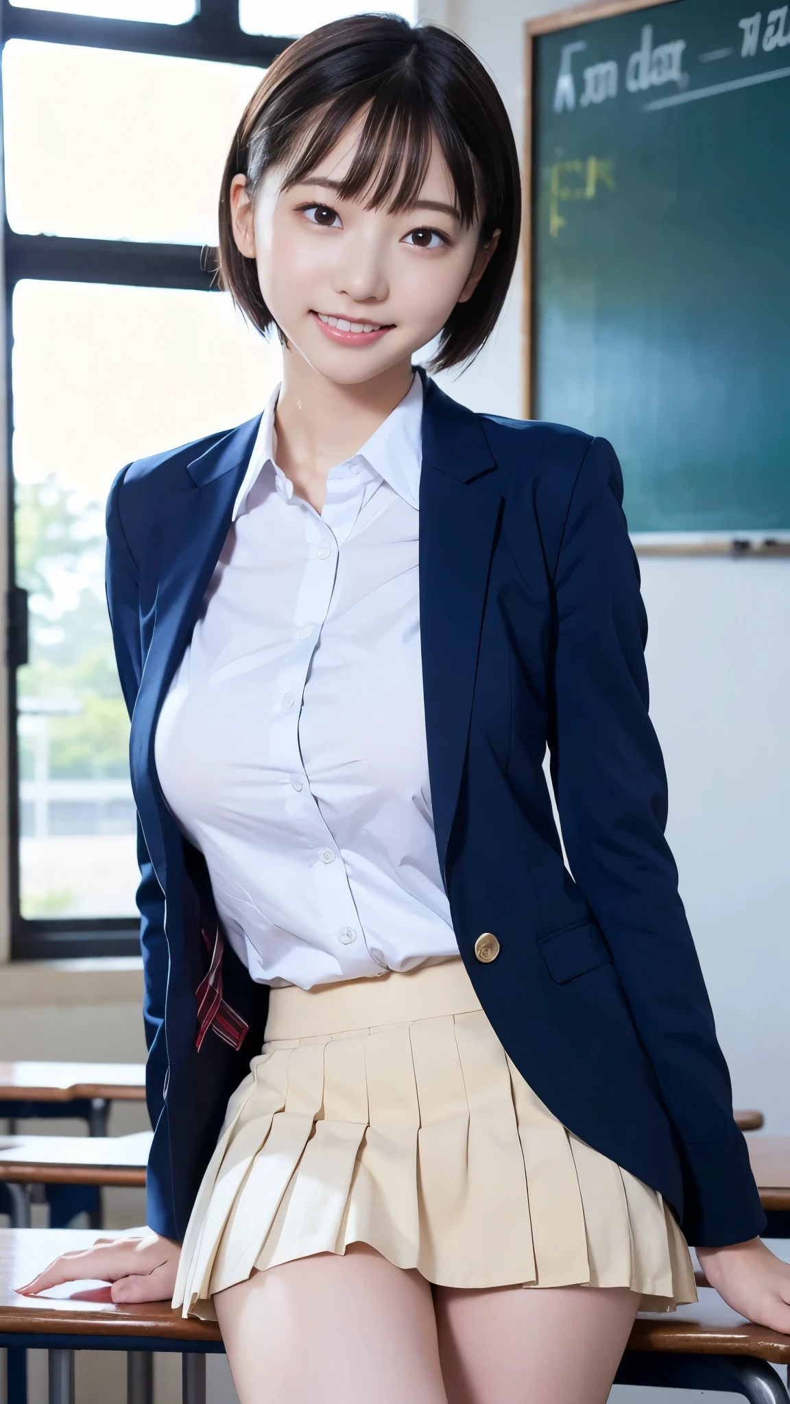 top quality,masterpiece, super high resolution, high-definition RAW color photo, professional photography, natural skin texture , fine skin, hyperrealism, smiles, dark blonde short cut hair,gigantic breasts,(( high school girl uniform , white cutter shirt, blazer,Navy pleated miniskirt)),classroom,erect nipples Sweaty clothes