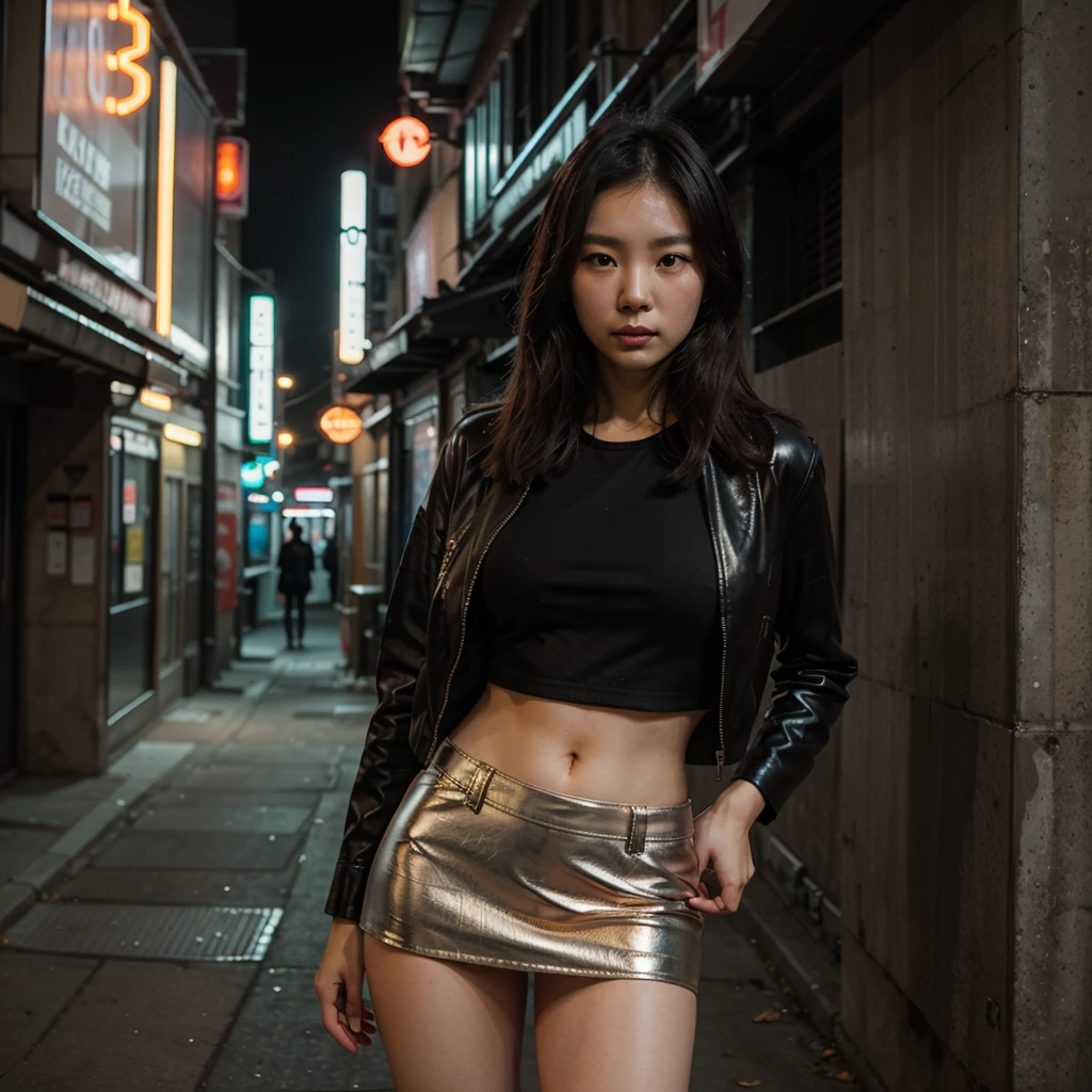 An Asian Escort Girl , wearing a Jacket , a plunge bra and a miniskirt with thigh stockings , (Photo realistic) , Brown Short Hair , Standing on a Street Side walk in cold weather