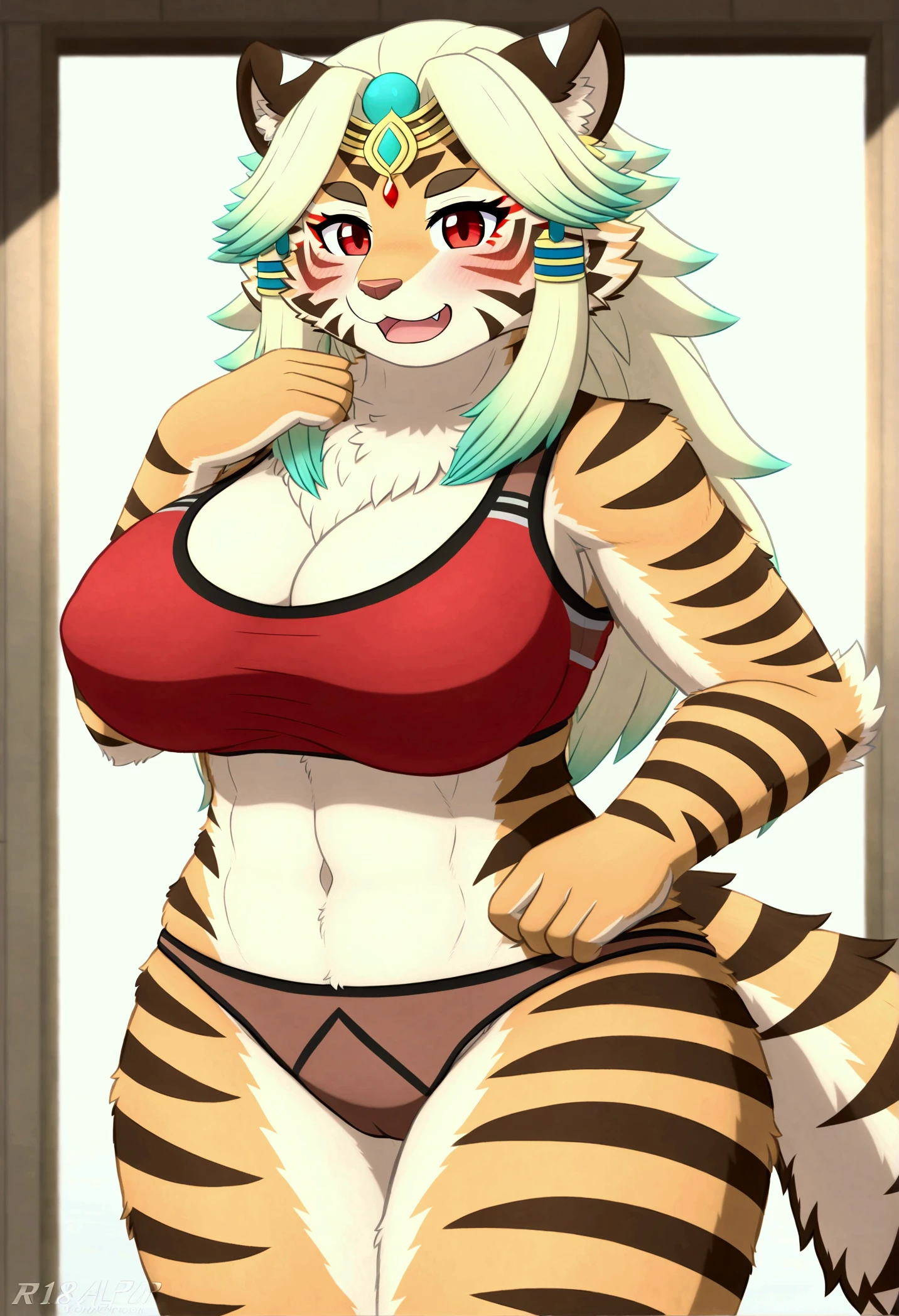 1 anthro fox girl, solo, solo focus, full body shot, portrait, half aqua, half green, ((brown hair)), (yellow hair), (gradient hair :1.5), curly hair, ((pink eyes)), hyperdetailed eyes, best quality, ultra-detailed, white background, simple background, muscular figure, massive biceps, massive breast, abs sweating, blushing, eyeliner, black fingernail, belly piercing, hoop earings,hsnd on hips, facing viewer, nipple showing, furry body, thong, colored, micro bikini,