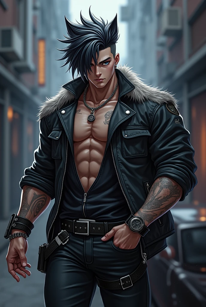 Rocker man, exaggeratedly muscular body, huge pecs, big ass, thick thighs, handsome face, detailed eyes, black hair shaved on the sides, blue eyes, mischievous smile, ear piercing, silver chain around his neck. He's wearing a black leather jacket and ripped jeans.