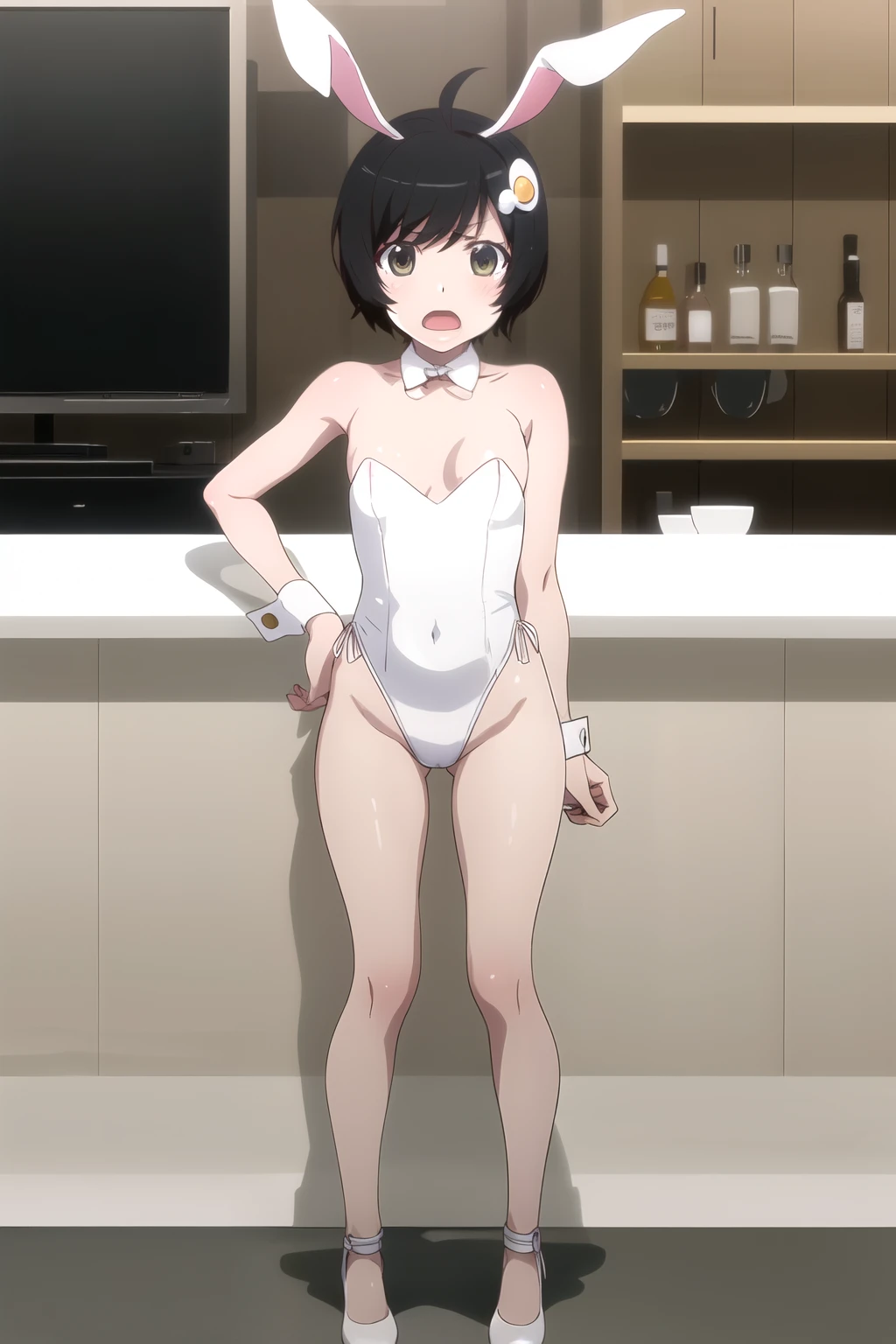 Anime man with short purple hair, Purple-eyed man, Bangs, garments:High-cut swimwear, Man in swimsuit, Black High Leg Racing Swimwear, in the anime film, TV Anime Style, Man in a black tank suit, Official Anime, wearing a swimming wear, Seductive Anime Men, Competitive swimsuit, Wearing a one-piece swimsuit, highleg, Bare shoulders, bare legs, hightquality,