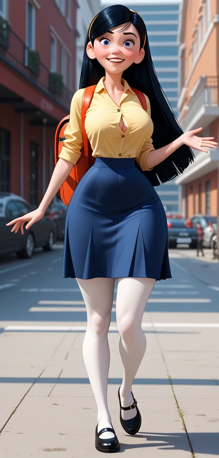 A Stunning, VioletParr, Violet Parr from Incredibles, very wide hips, very thick thighs, Ultra-HD, cara detallada, cabello largo negro, blue eyeS, Wearing tranSparent yellow Short School Shirt, that I will be able to See hiS navel, Sharp focuS, iluminación natural, SubSoil DiSperSion, F2, 35 mm, will be Standing, poSing SenSually, very Sexy, with fat legS and wide hipS, very Small waiSt, se encontrará en la ciudad, Smiling, very giant breaStS, She will be wearing a Small white micro wide School Skirt and her red underwear will be viSible., He will have a brown leather backpack hanging on hiS back and will be waving towardS the SpectatorS very happily, white tightS , mary janeS ShoeS, S, wind blow up the Skirt upS ((very voluptuous curves, very curvy body)), unbuttoned Shirt