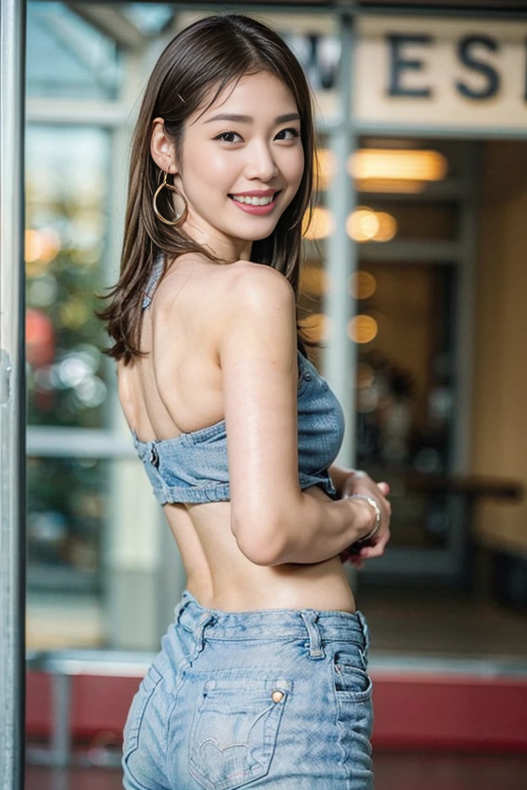 (8KHigh resolution), (highest quality), (RAW Image Quality),(Tabletop:1.2), (Realistic), (Realistic:1.37), Long eyelashes,Exquisite(Live-action Realistic style),((Cowboy Shot:1.4))、The ultimate face,Realistic light and shadow,Distinctive facial features,Milky skin,Fair skin, Skin with attention to detail,Realistic skin details,Visible pores,(Very detailed), shoulder length hair , (Flowing Hair),Take the best portraits,Close-range shooting,Very detailed, One Girl, cute,Beautiful and beautiful eyes, Beautiful and sophisticated nose, Very detailedな肌、(eye contact),(Medium Breasted:1.7)、((Medium sized chest:1.4))、(Beautiful face with double eyelids),((Full body image)), (realism: 1.4),High resolution, Great details, ultra High resolution、((I look down while laughting and call:1.4))、 ((woman with happy expression:1.4))、Favorite Details, High condensation,Delicate and beautiful face,,18-year-old,(Beautiful Face 1.4),thin, ((Tube Tops Strapless Crop Tops Basic Backless Sleeveless:1.4))、Medium breast、((braless:1.4))、((cleavage:1.7))、(A denim mini skirt that accentuates your thighs:1.7)、((Photo taken on the sidewalk:1.4))、((While laughting、Calling on your smartphone:1.4))、((have a handbag:1.4))、((Making a phone call:1.4))、