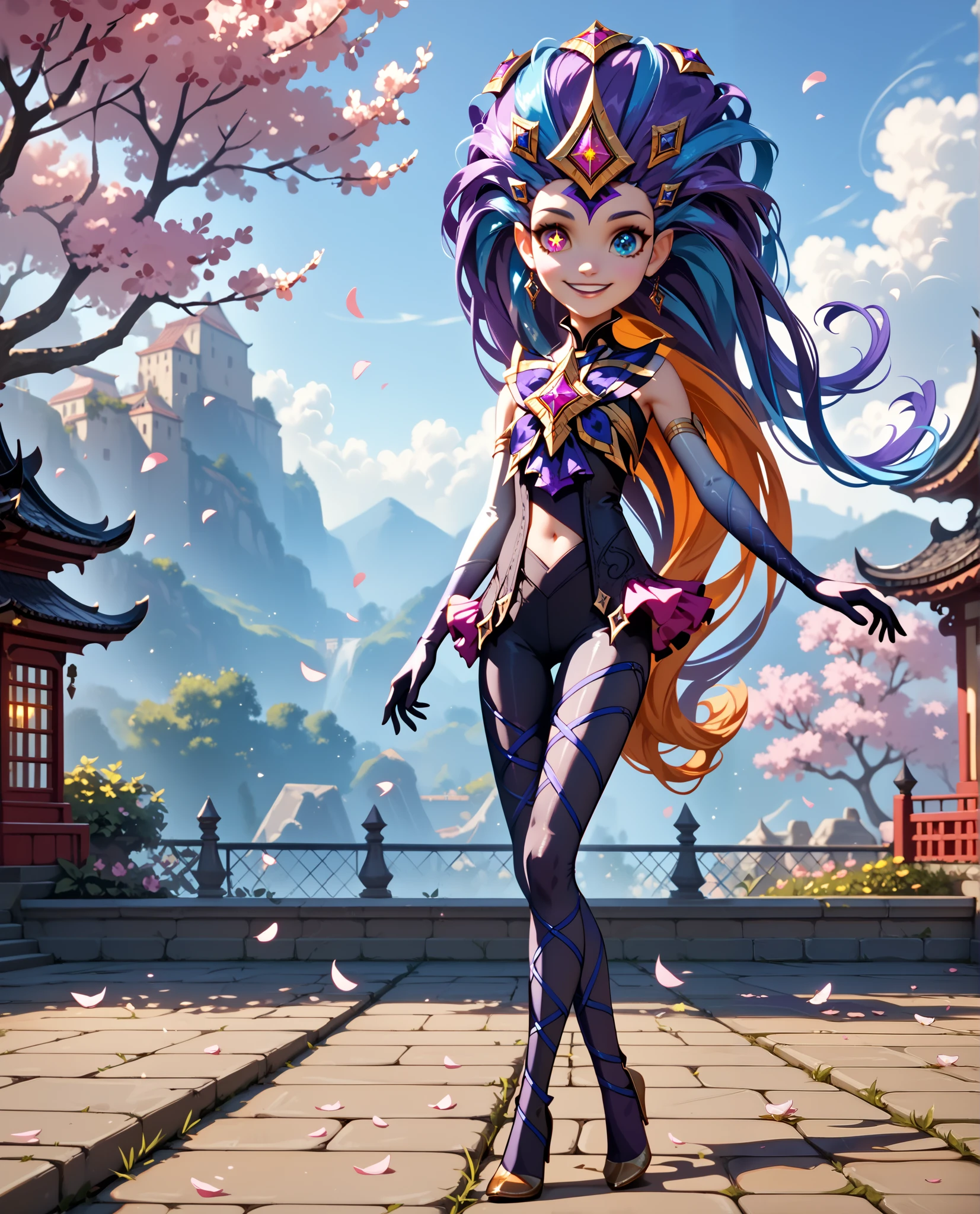 Eye heterochromia , girl Zoe, long hair hairstyle, gradient hair, blue and violet hair, shinye black bodysuit , sexy,good body,curved,shine,posing full length,Body parts are visible, navel, attractive, smile, mystical atmosphere ,flirting with the public, extreme detailed, masterpiece, A clear study of the details , maximum detail , high resolution,wallpaper, masterpiece, orange hair, The whole picture is clearly designed,solo, fantastic cherry blossom garden in the background,