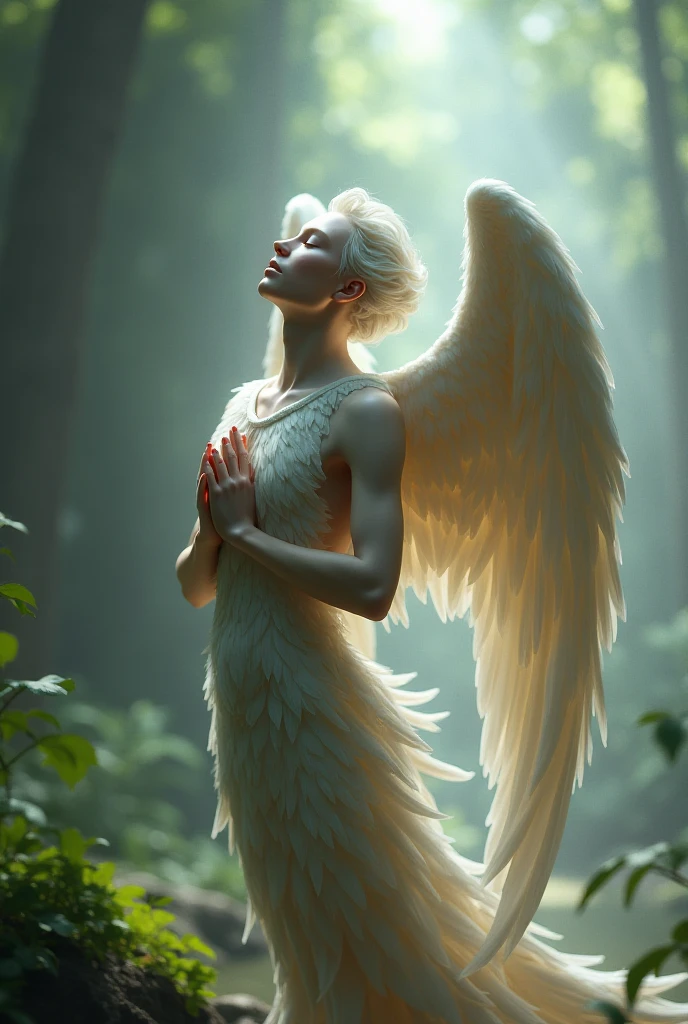 A poignant image that emerges between the realms of mythology and emotion: A Fallen Angel, alguna vez radiante y celestial, ahora desciende de los cielos, His ethereal form gradually fades into the mortal realm.. A medida que desciende, The angel emits particles of light, A Bittersweet Testimony of His Transition from Grace to Humanity.
The presence of the fallen angel is at the same time imposing and melancholy... Sus alas, alguna vez resplandecientes y poderosas, ahora llevan las marcas de su descenso, with fogged feathers and frayed edges. The angel's expression conveys traces of sadness and acceptance, Reflecting the complex emotions of his fall.
Use an ethereal color palette that fades to earthy tones to represent the transition between realms. Focus illumination on the angel's transcendent aura and the particles of light it emits. Capture every detail of the majestic but now withered wings to convey the symbolism of their downfall..