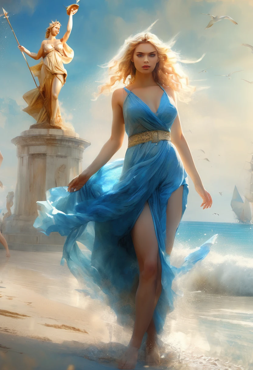 ((best quality)), ((masterpiece)), (detailed)), ((1girl)), beautiful eastern European woman, ethereal, partial smile, enchanting gaze, captivating pose, windy blonde hair, fabulously gorgeous dark blue dress showing off her shoulders , otherworldly charm, mystical sky, (Luis Royo:1.2), sunrise, seaside village, soft colors, (detailed clouds:1.3), (high resolution:1.2)