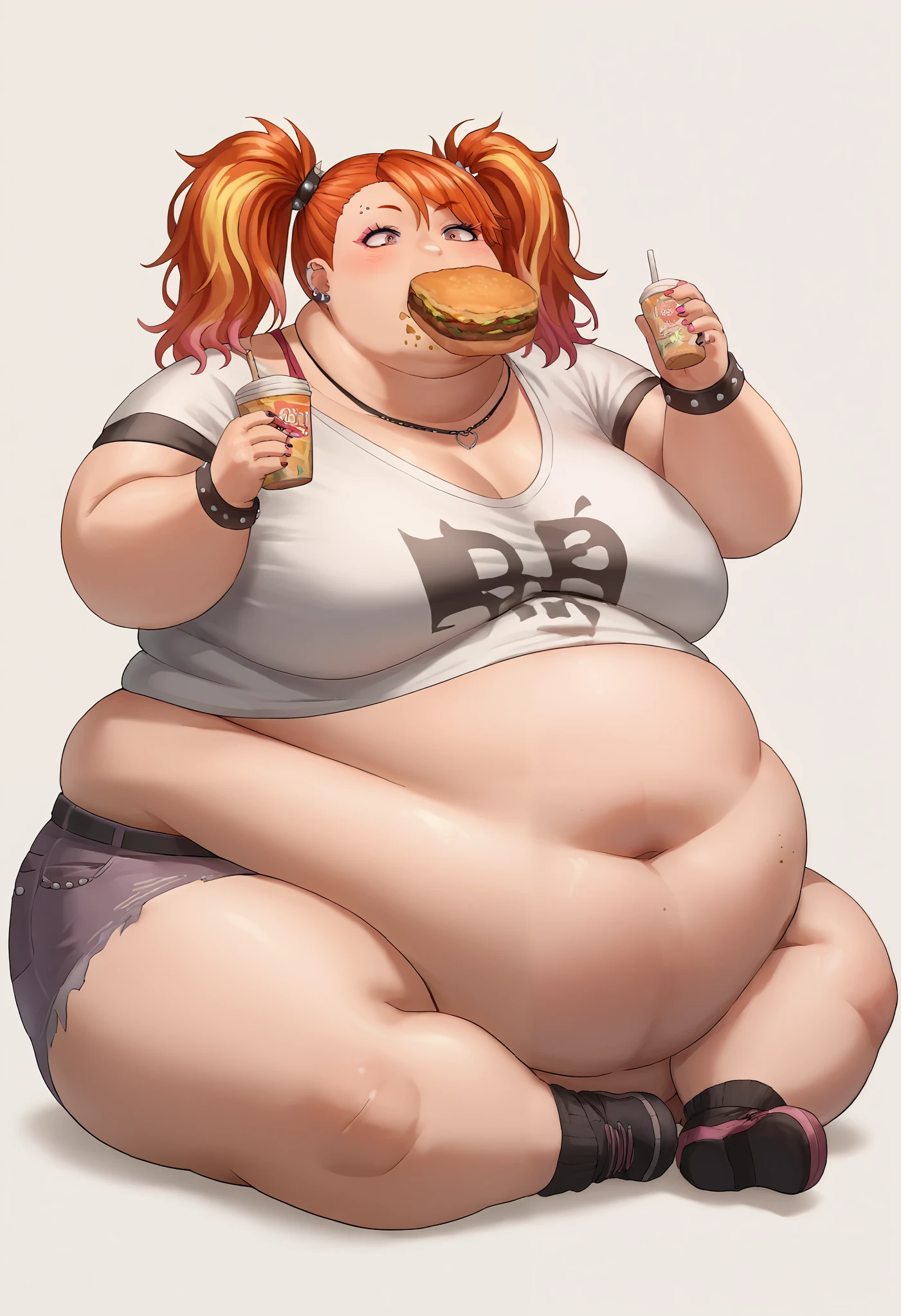 source_anime, score_9, score_8 up, score_7 up, (punk redhead with twintails, gyaru), fat, chubby, obese, morbidly obese, full body shot, fupa, sitting, eating food