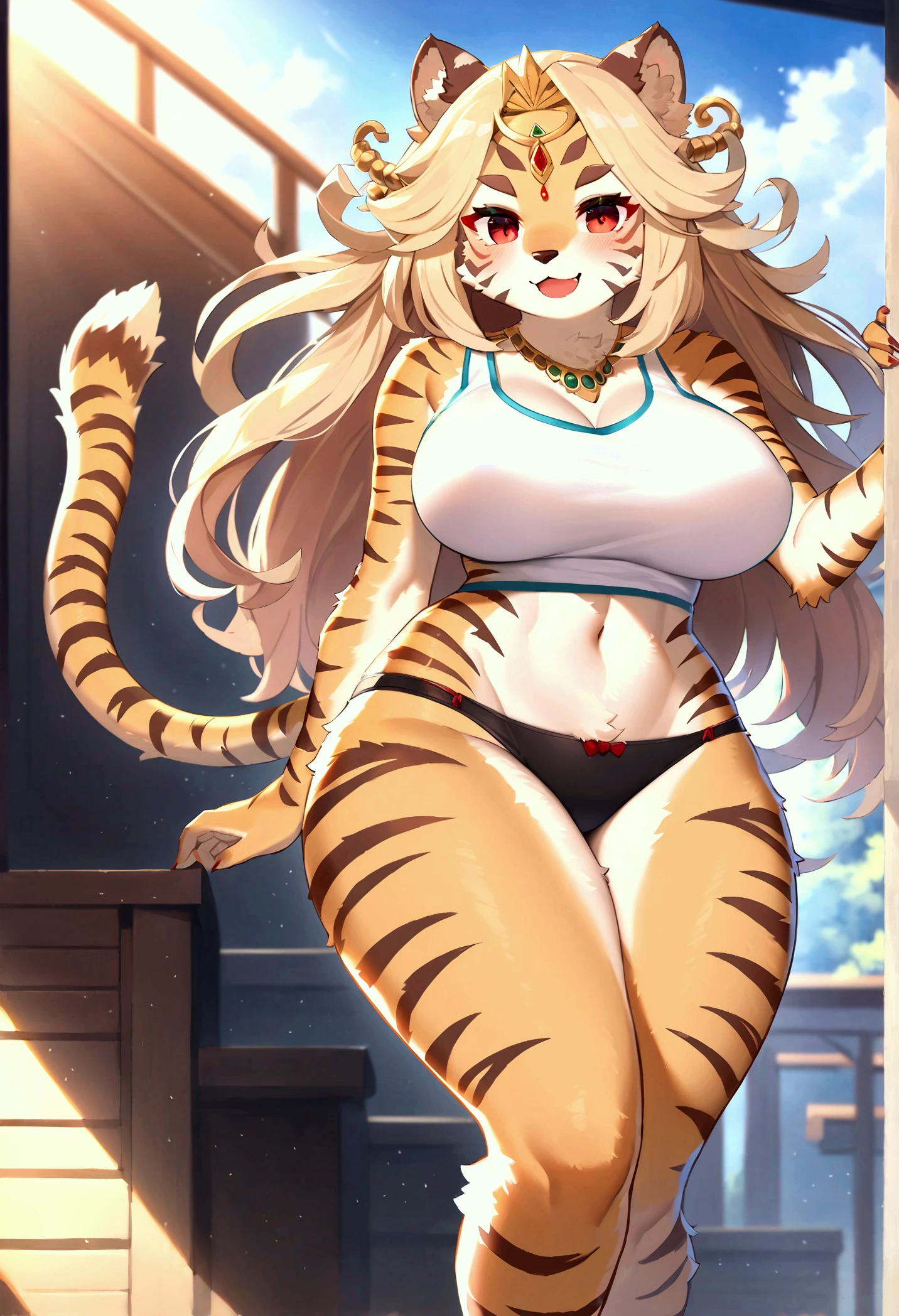 1 solo female gazed (blindfolded), animal tiger ears, animal tiger hands, animal tiger print, bell, bikini, breasts, choker, claws, cleavage, collar, full body, gloves, large breasts, pink lips, long hair, looking at viewer, navel, neck bell, on bed, tiger paw gloves, tail, thigh highs, tiger ears, tiger print, tiger tail, white long hair, sitting on bed bedroom background