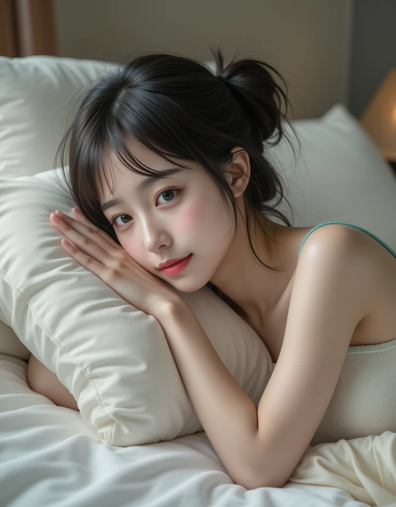 (16k, RAW photos, top quality, high definition RAW color, photo professional close-up photos, masterpieces, realistic, photorealism: 1.3, NSFW, erotic, sexy, ultra high resolution, bright lighting, accurate hands without incongruity, fine skin, detailed eyes), big, (curby: 2.0), ((from side, bent over)), (cute: 1.2), (((adult color underwear, ))), collarbone, ((JPOP Idol, cameltoe)), (attractive, sexy pose, very embarrassing), ((on a plain bed: 2.0, plain pillow: 2.0)), realistic face, Asian girl