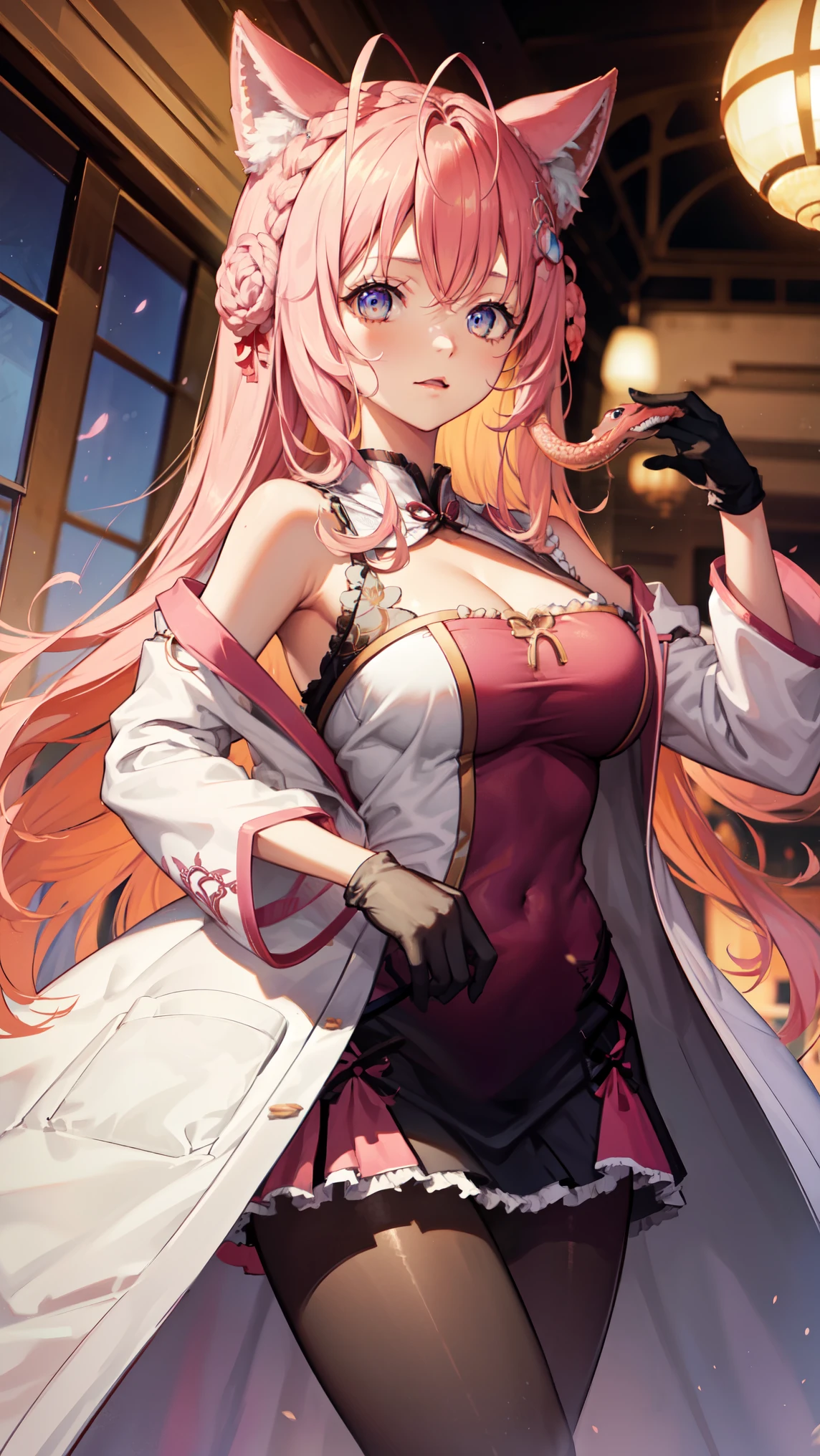 a beauty girl，Light pink hair，long，fluffy hair，roundly eyes，Manga style，fulcolor，slightly larger breasts，hi-school girl，Mature atmosphere，Mature smile