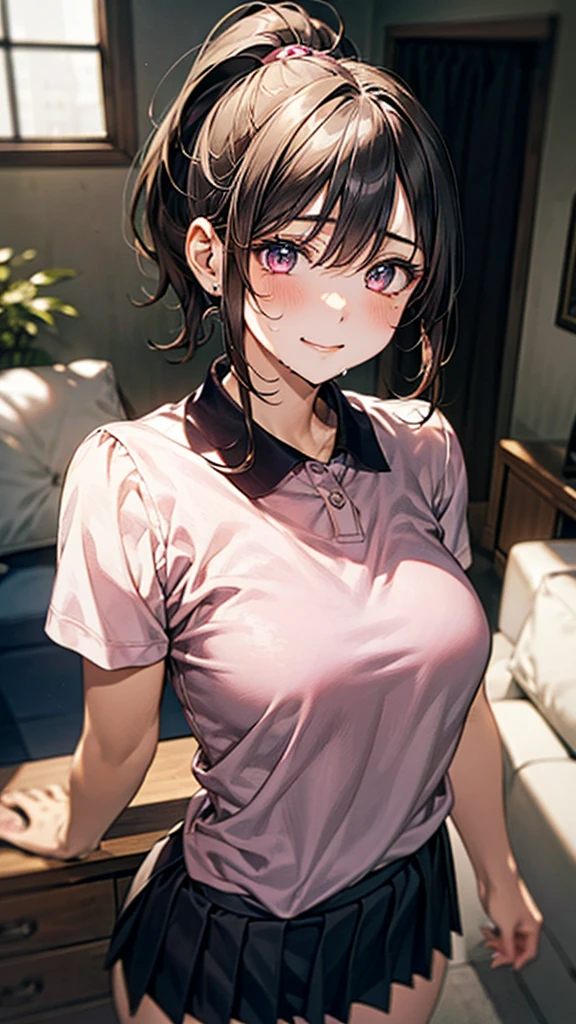 ((Tabletop, Highest quality, High resolution, Hmph, Pixel perfect, 4K, Hmph, Hmph))), One Girl, single, alone, Beauty、The whole body is visible、 ((Mid-wave hair, bangs, Brown Hair)), ((Brown eyes, Beautiful eyelashes, Realistic eyes)), ((Detailed face, blush:1.2)), ((Smooth texture:0.75, Realistic texture:0.65, Realistic:1.1, Anime CG style)), Medium chest, Dynamic Angle, Perfect body, White tennis wear, White short-sleeved collared shirt、White pleated skirt,Look at the chest、(No good)、、 Tennis court、Daytime、On all fours、look back、Sideways Breasts))))、Very embarrassing panic smile、(pink floral lace panties)、