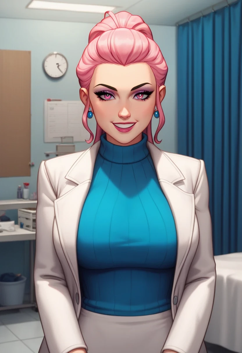 score_9, score_8, score_7, source _ animated, 1mature_FE, Only 1 woman , smile, pink hair , ponytail hair , bright pink eyes , Apollo blue sweater , White doctor's coat , black flick , mesh stockings , background a hospital room, cuerpos perFEctos, anatomía perFEcta, Piernas perFEctas, Postura perFEcta, Ambient light.