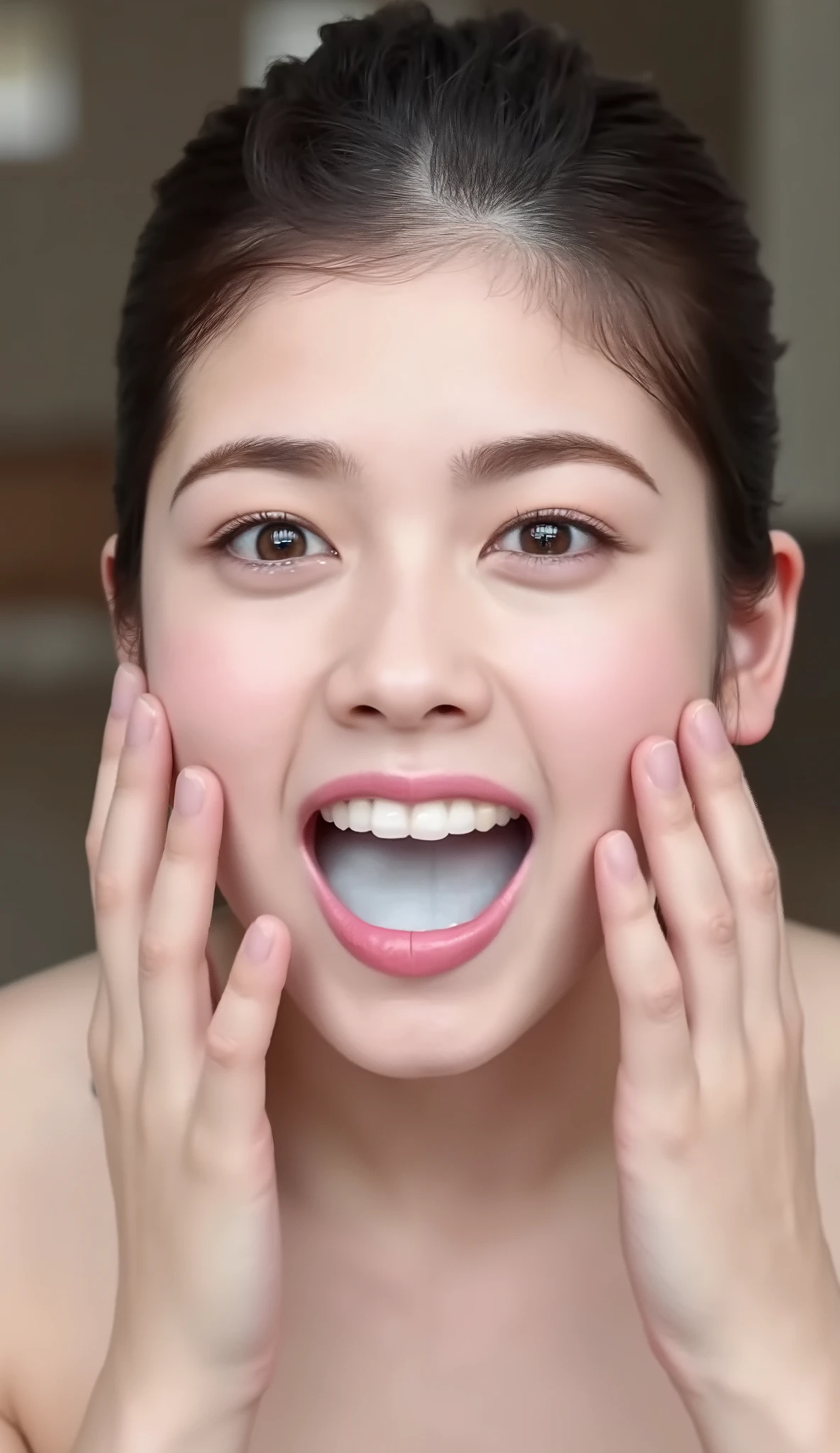 High resolution photo of a young Japanese woman, photorealistic , masterpiece, Great Quality, complicated details, professional lighting, alone, 1 girl , focus on face , detailed face, surprised face, (Fingers touching her lips ), ( white semen in her mouth , mouth:1.4), raise chin, Look up at the camera, indoor, Hair, shortcuts, ponytail, high resolution, masterpiece, anatomically correct, Textured Skin, smiles, teeth, open their mouths, blushing ,