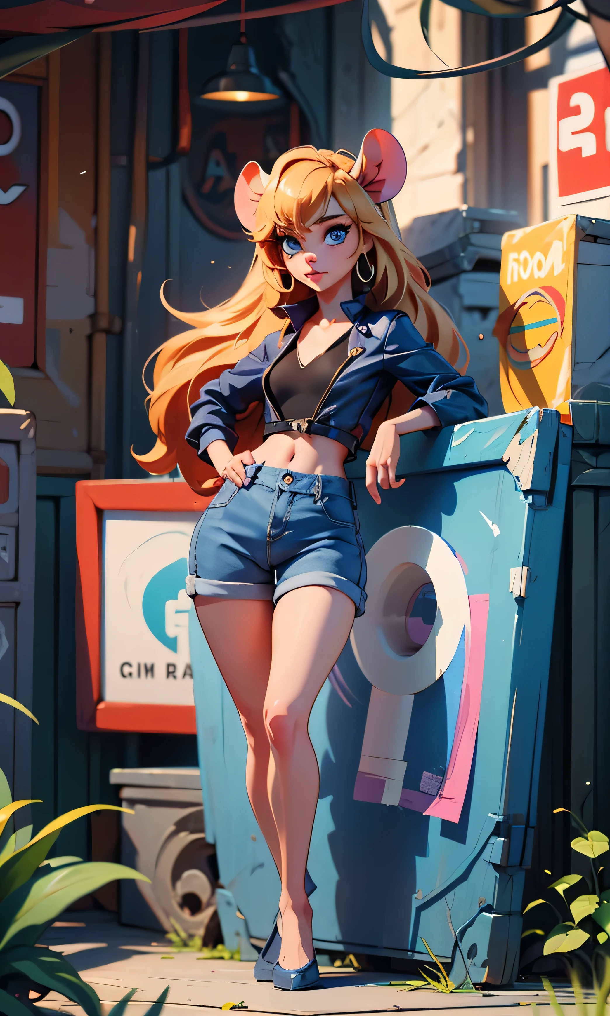 masterpiece, high detail, A thin girl, Gadget, Orejas de ratón, Mouse nose , beautiful, head on, looking at the spectator, blond hair , Long hair , blue eyes, Full body , flat chest , hips, Purple top, black flick, textured skin , outdoor,