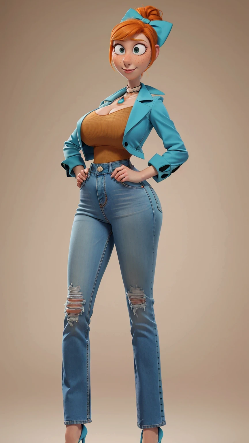 1 girl, Orange hair in a bun, green eyes, slight smile, freckles on the cheeks, thin eyebrows, white necklace with a bow, Teal Jacket, pale skin, standing, Cartoon, (pixar:1.2), Lucy Wilde, long nose, hits, (tight jeans), (Full body:1.2), wide hips, huge breasts, fitted top, camel toe, big breasts, (huge breasts), camel toe, (wide hips)