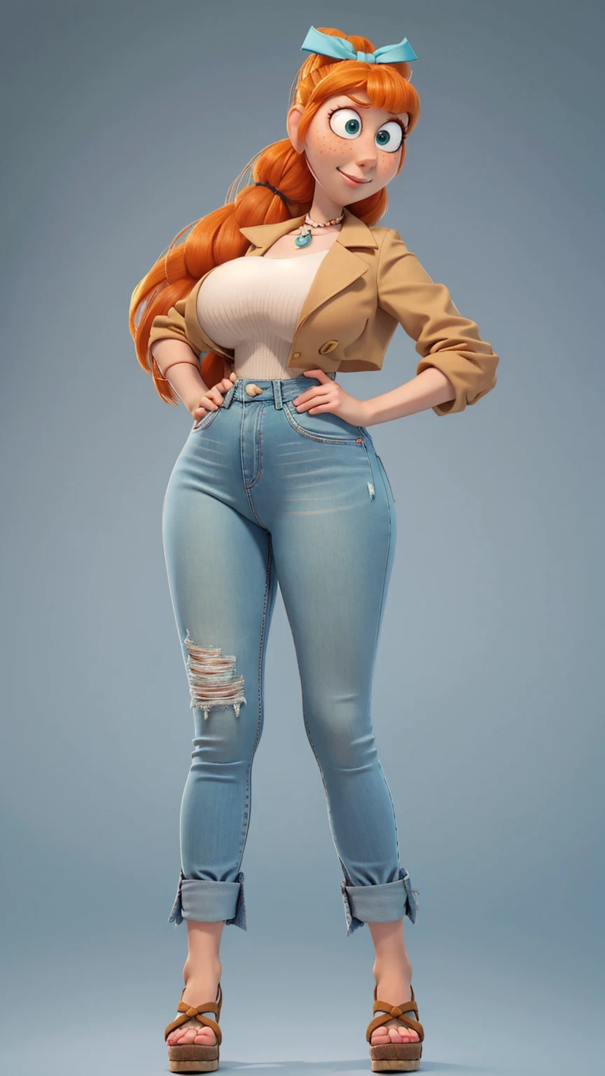 1 girl, Orange hair in a bun, green eyes, slight smile, freckles on the cheeks, thin eyebrows, white necklace with a bow, Teal Jacket, pale skin, standing, Cartoon, (pixar:1.2), Lucy Wilde, long nose, hits, (tight jeans), (Full body:1.2), wide hips, huge breasts, fitted top, camel toe, big breasts, (huge breasts), camel toe, (wide hips)