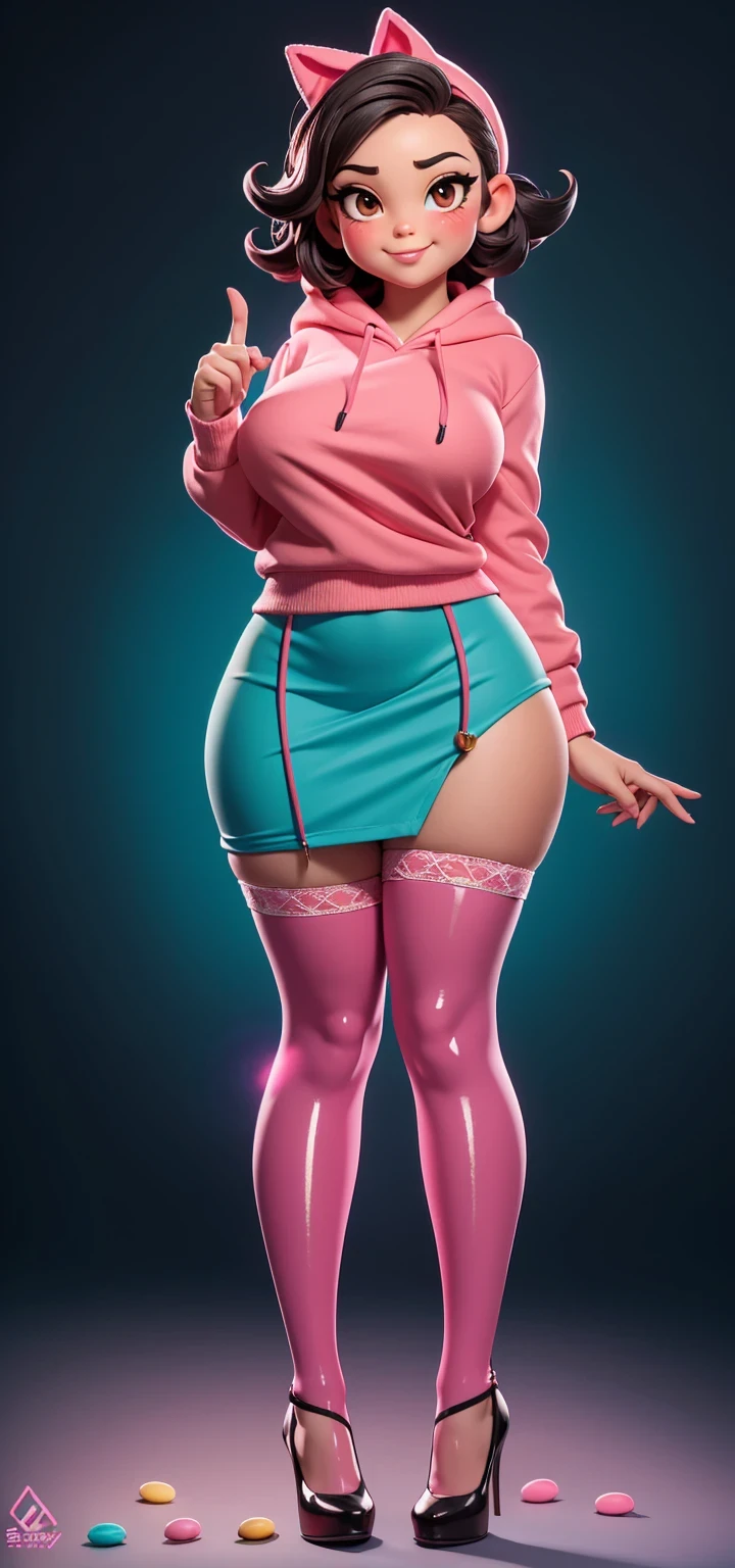 Full body view, adult, (best quality:1.4),(shiny skin), body focus, (cute face), (((best quality))), illustration, adult, full body view, ((Beautiful Finger)), , Beautiful body, Beautiful character design, ,perfect lighting, Colorful, Bright_Front_face_Lighting, ultra high res, highres, absurdres:1.2, bokeh:1.2, lens flare, huge breasts, tall, long curvy legs, stockings,(vibrant_color:1.2), , (thick thighs:1.3), THICK, Black hair with colored sprinkles, red stockings, teal hoodie, large brown eyes,perfect ears, pink blush on cheeks, content expression, skirt, adult Vanellope von Schweetz, 30 years old. From below